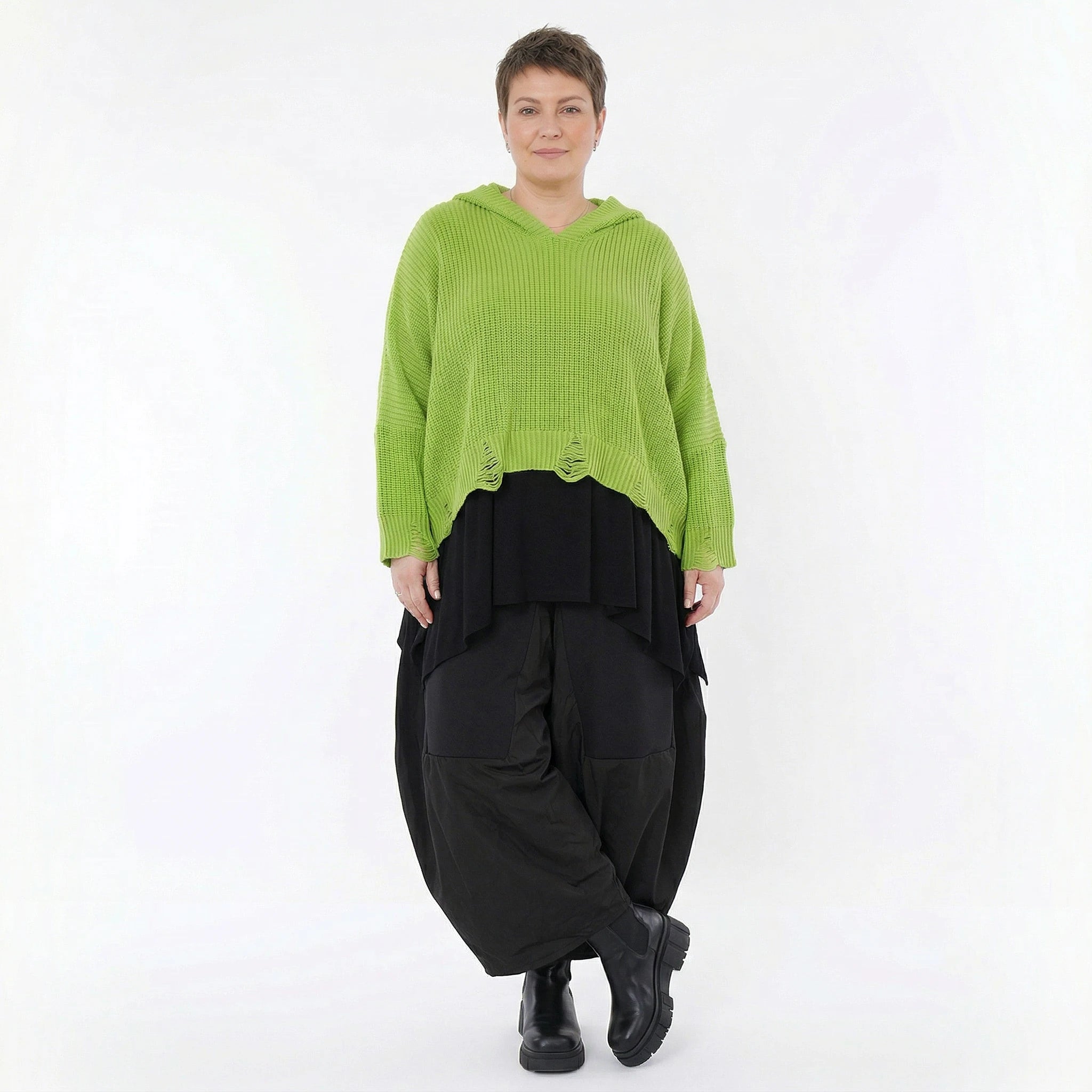 Oversize Strick Kapuzenshirt in Neongrün aus Baumwolle Acryl AKH Premium bei Modeare - Lagenlook Hoodie Damen