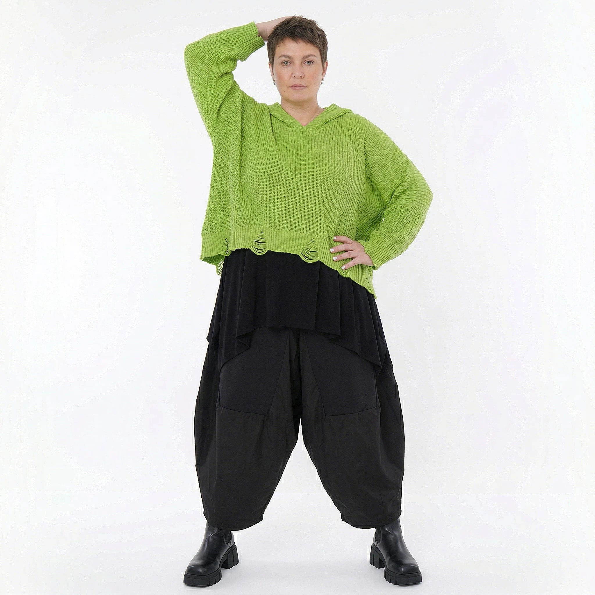 Oversize Strick Kapuzenshirt in Neongrün aus Baumwolle Acryl AKH Premium bei Modeare - Lagenlook Hoodie Damen