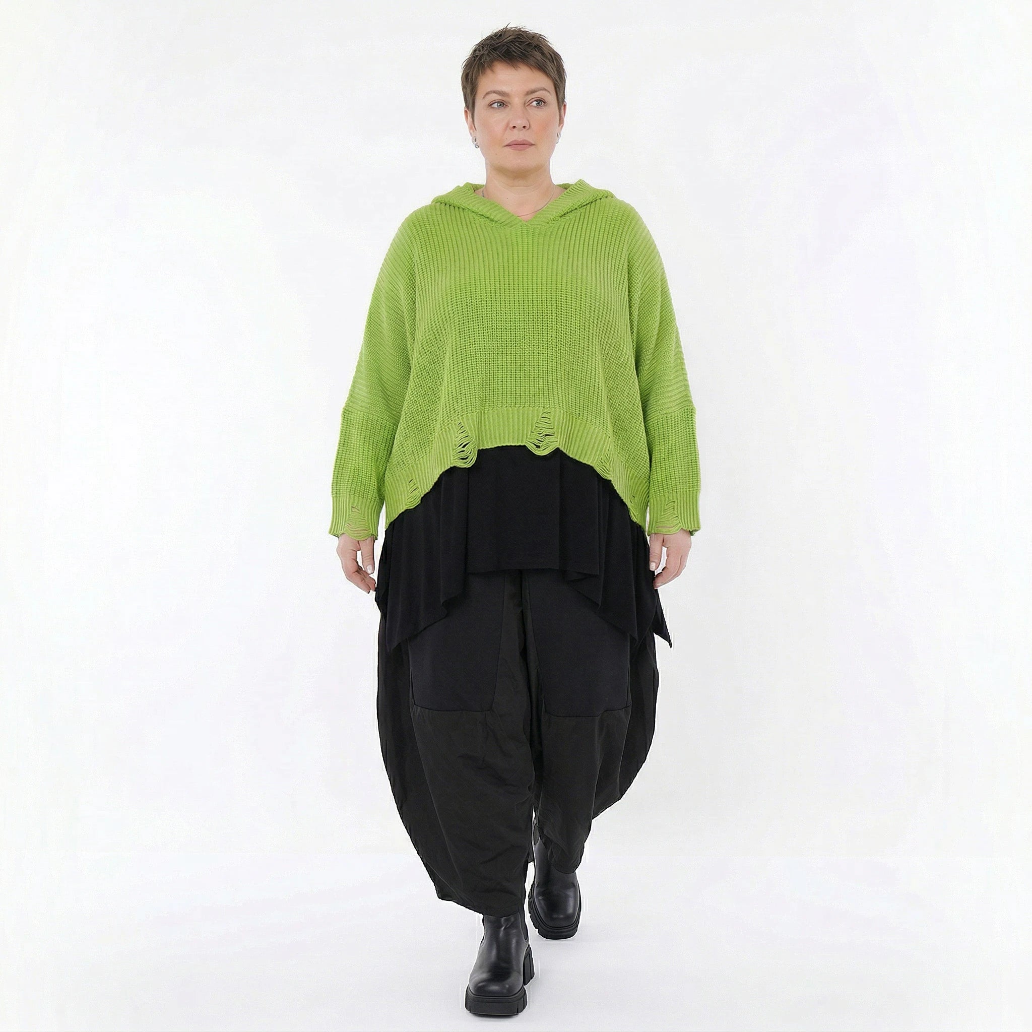 Oversize Strick Kapuzenshirt in Neongrün aus Baumwolle Acryl AKH Premium bei Modeare - Lagenlook Hoodie Damen
