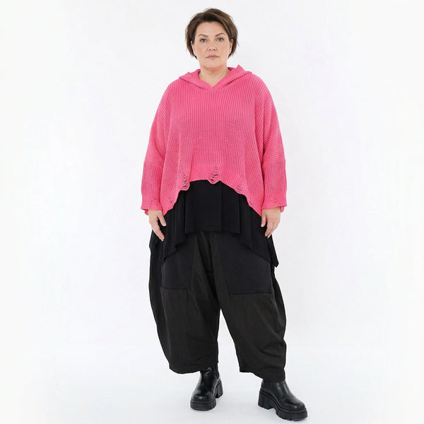 Oversize Strick Kapuzenshirt in Rosa aus Baumwolle Acryl von AKH Premium Modeare Damen Pullover Lagenlook kastig geschnitten