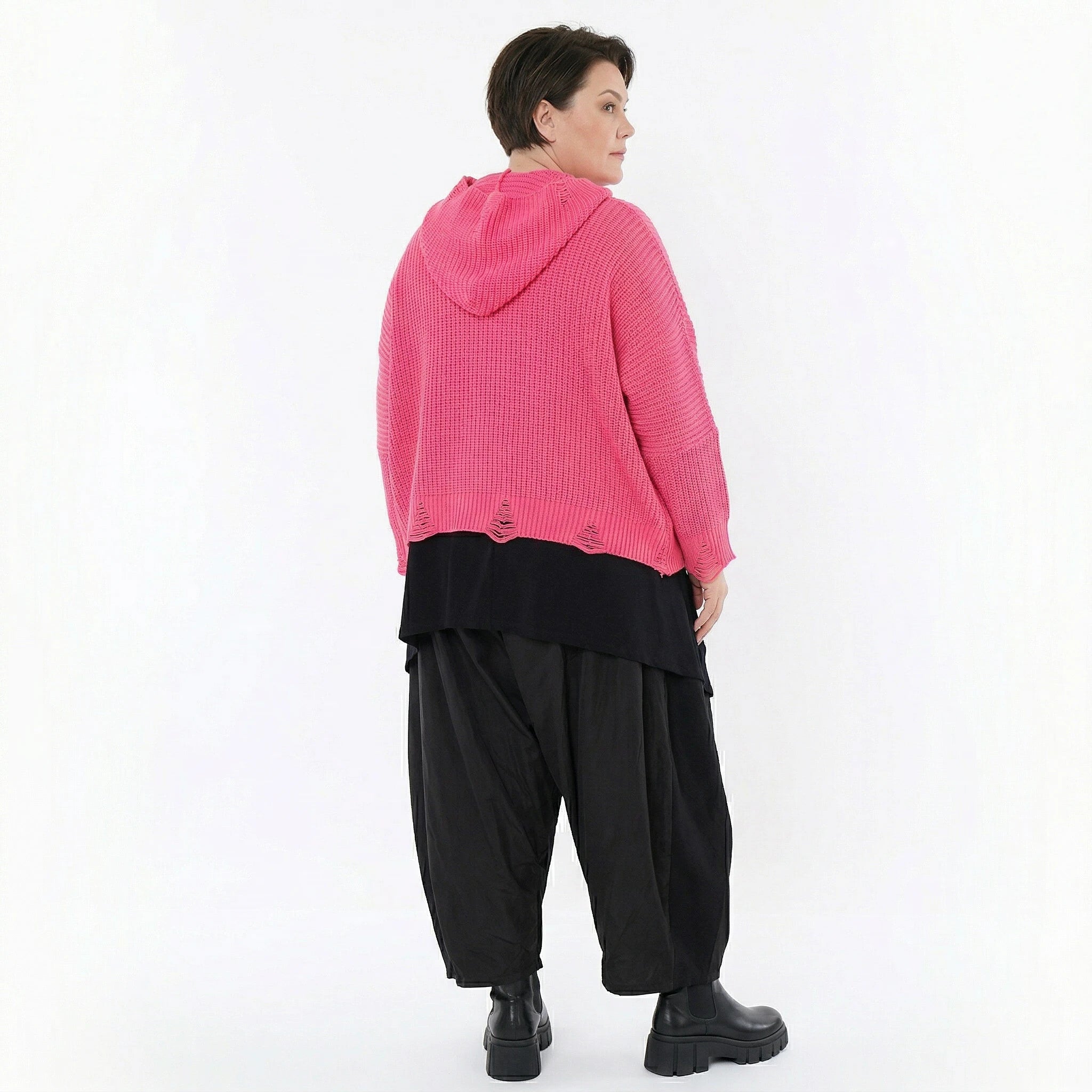 Oversize Strick Kapuzenshirt in Rosa aus Baumwolle Acryl von AKH Premium Modeare Damen Pullover Lagenlook kastig geschnitten
