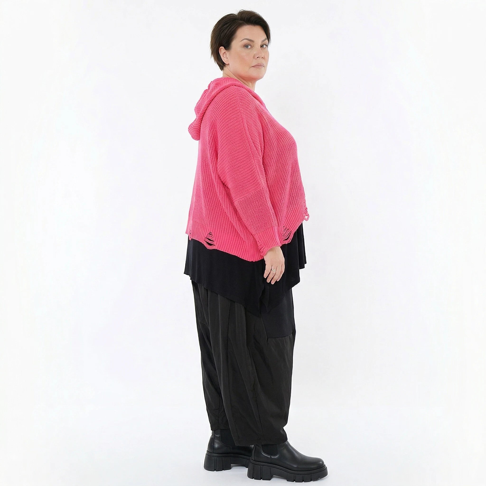 Oversize Strick Kapuzenshirt in Rosa aus Baumwolle Acryl von AKH Premium Modeare Damen Pullover Lagenlook kastig geschnitten