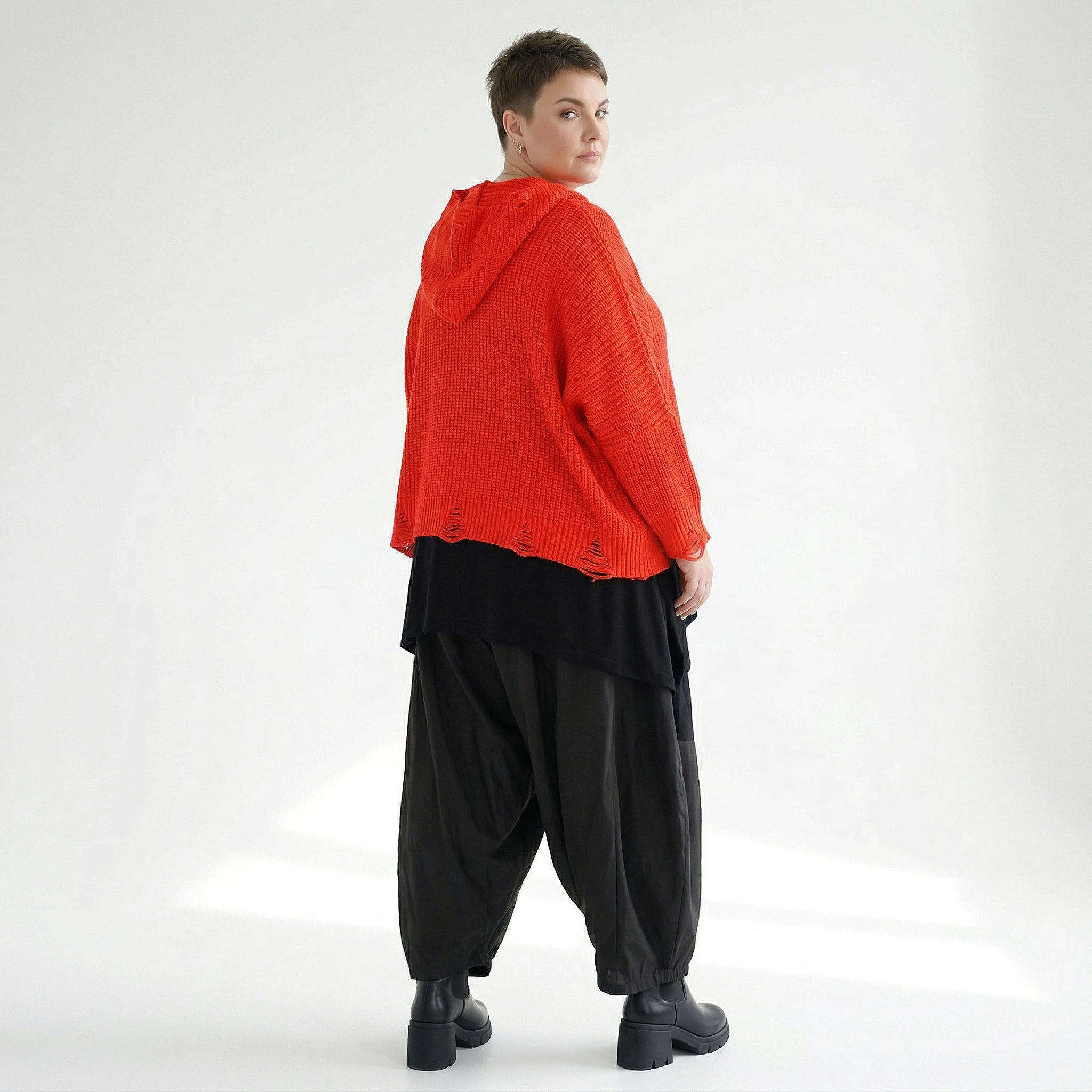AKH Premium Strick Kapuzenshirt in Orange Oversize mit Destroyed Look aus Baumwolle Mix bei Modeare fuer Damen Lagenlook
