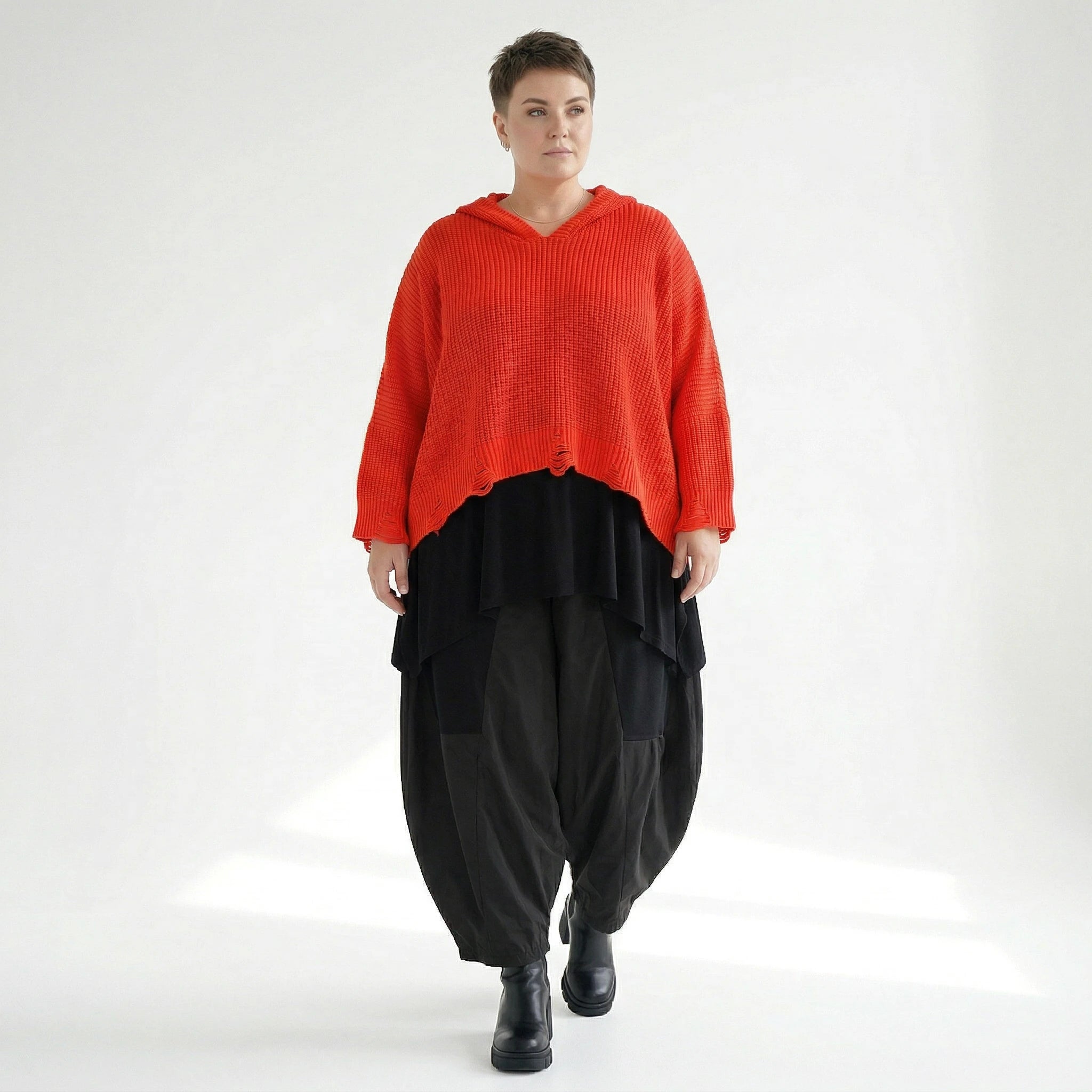 AKH Premium Strick Kapuzenshirt in Orange Oversize mit Destroyed Look aus Baumwolle Mix bei Modeare fuer Damen Lagenlook