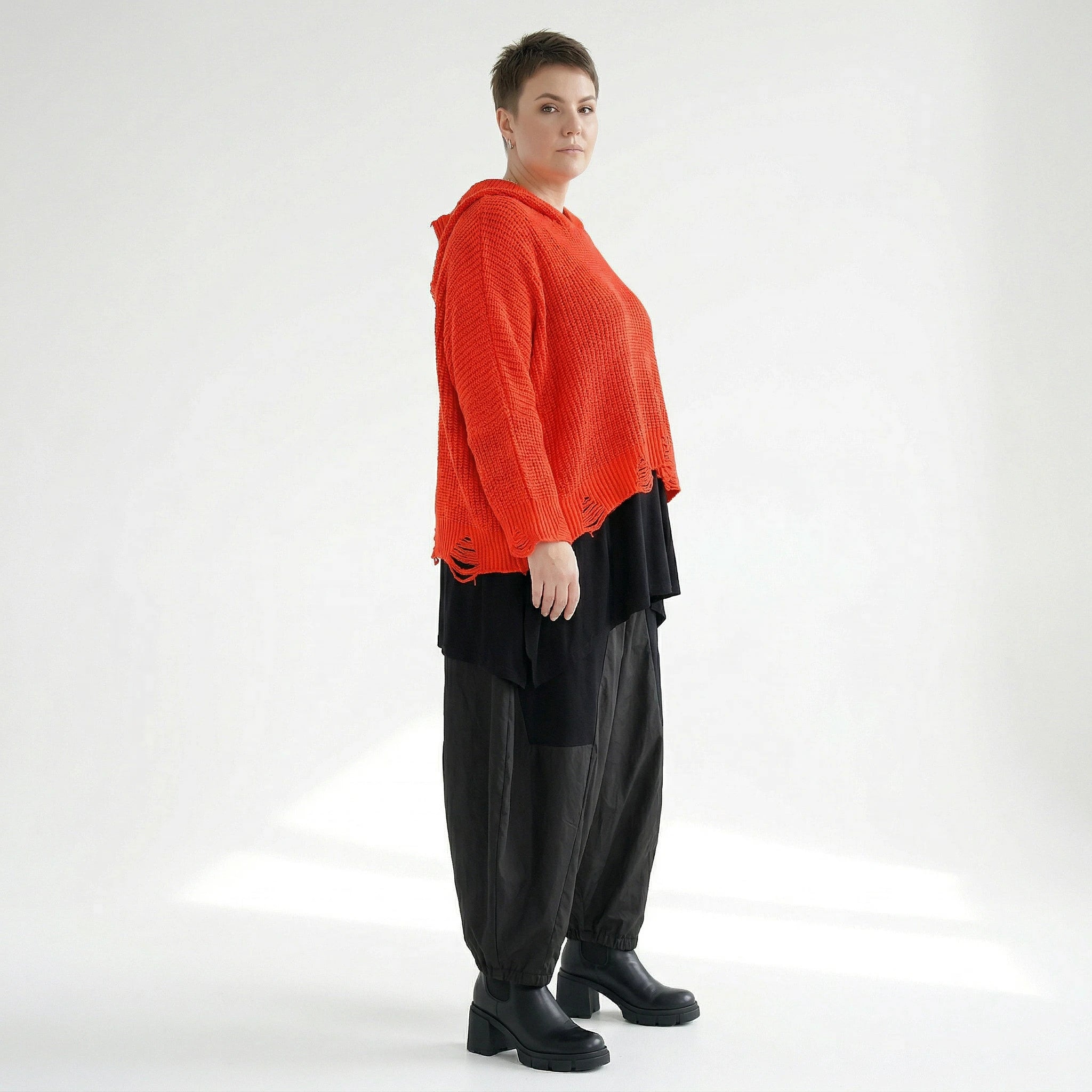 AKH Premium Strick Kapuzenshirt in Orange Oversize mit Destroyed Look aus Baumwolle Mix bei Modeare fuer Damen Lagenlook