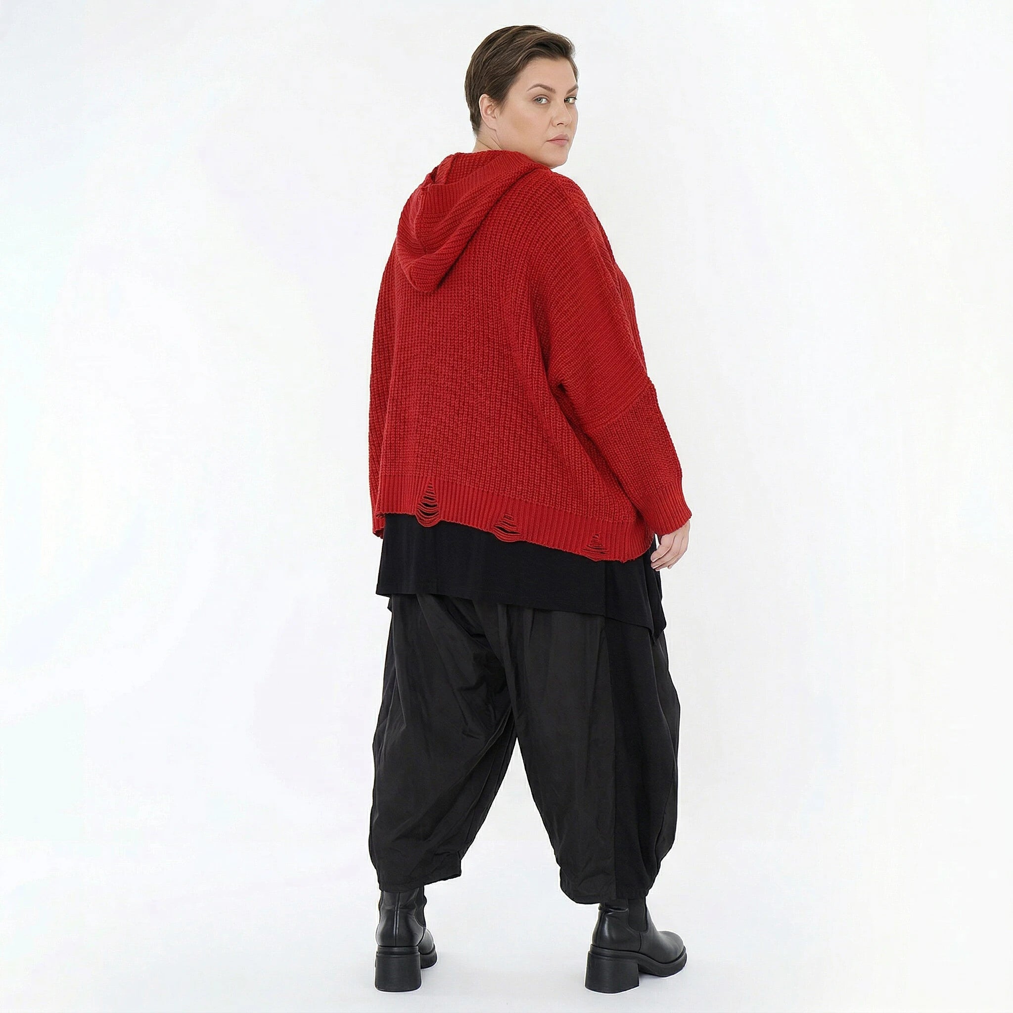 Rotes Oversize Strick Kapuzenshirt in kastiger Form mit Destroyed Details