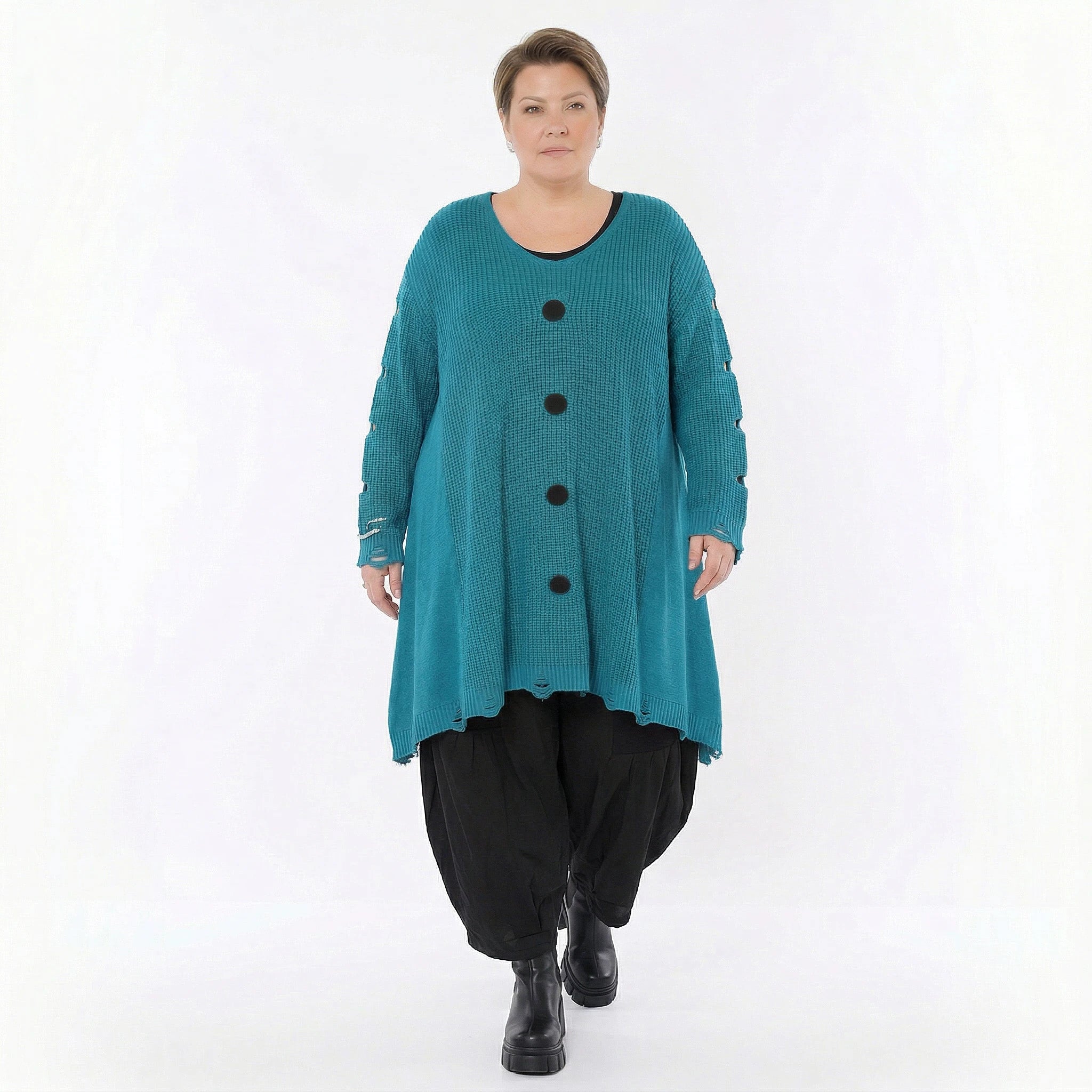 Oversize Strick Shirt A-Form mit Cut-Out Löchern Destroyed Look AKH Premium bei Modeare Damenmode große Größen