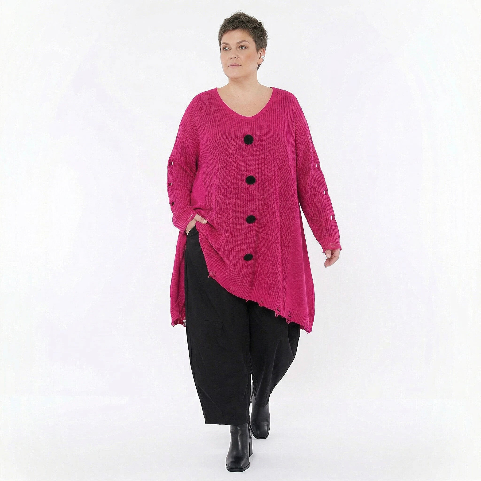 Oversize Strick Shirt A-Form mit Cut-Out Löchern Destroyed Look AKH Premium bei Modeare Damenmode große Größen