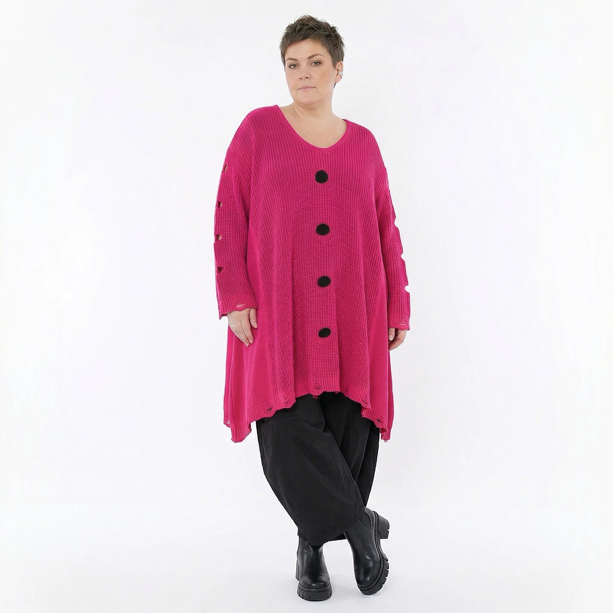 Oversize Strick Shirt A-Form mit Cut-Out Löchern Destroyed Look AKH Premium bei Modeare Damenmode große Größen