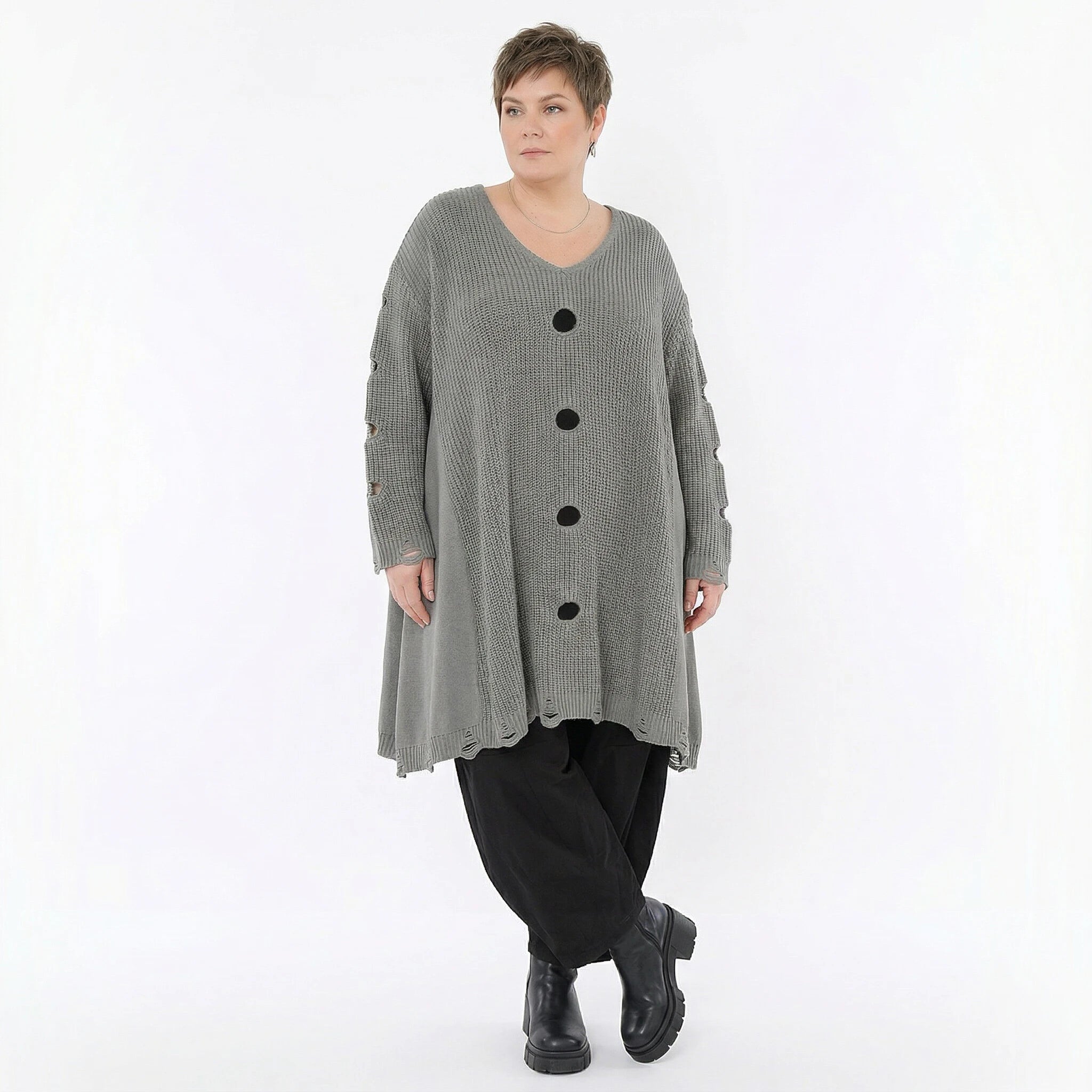 Oversize Strick Shirt A-Form mit Cut-Out Löchern Destroyed Look AKH Premium bei Modeare Damenmode große Größen