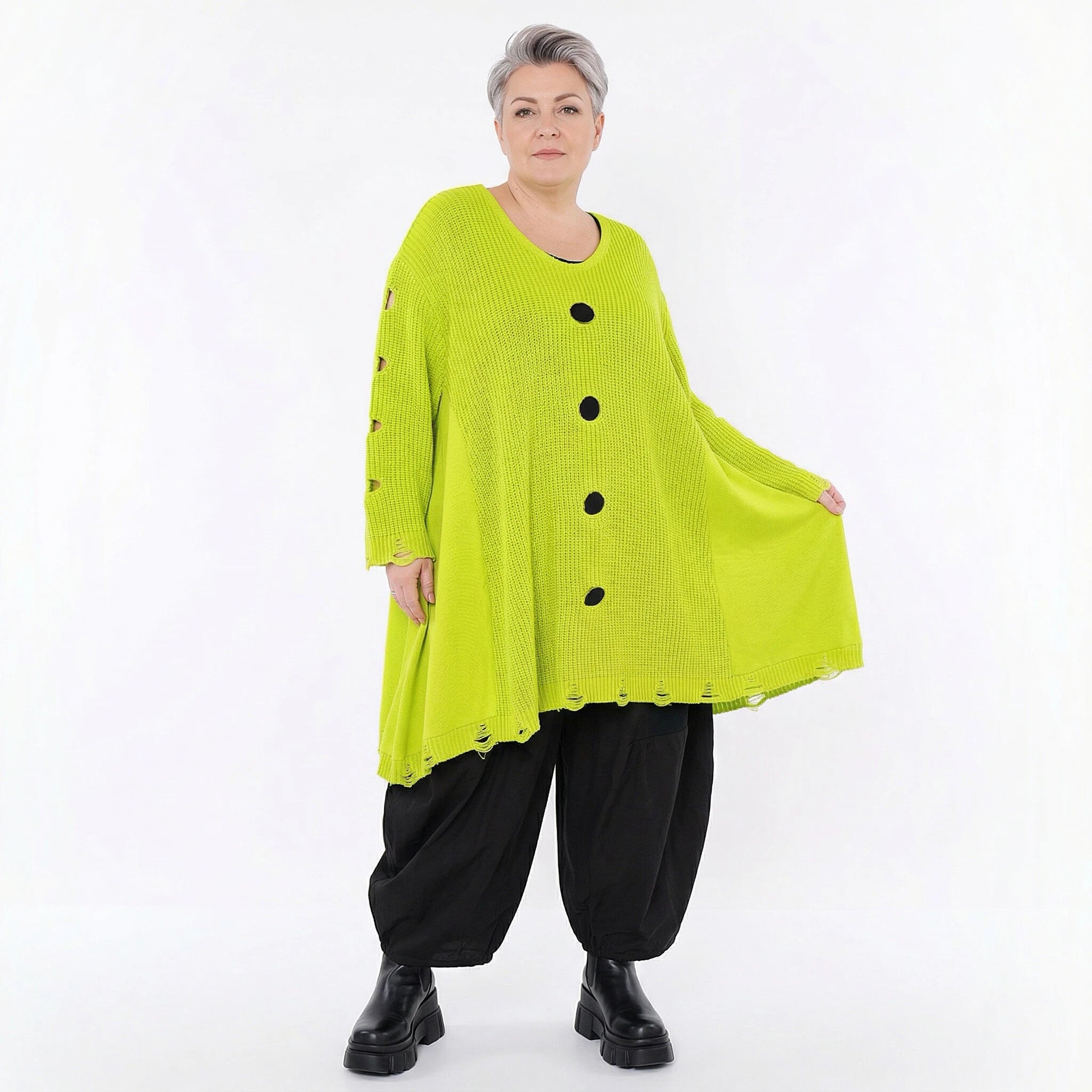 Oversize Strick Shirt A-Form mit Cut-Out Löchern Destroyed Look Neon-Gelb AKH Premium große Größen