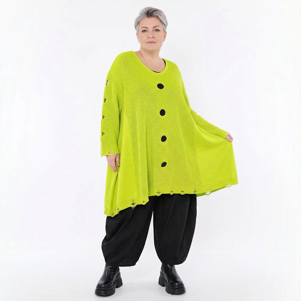 Oversize Strick Shirt A-Form mit Cut-Out Löchern Destroyed Look Neon-Gelb AKH Premium große Größen