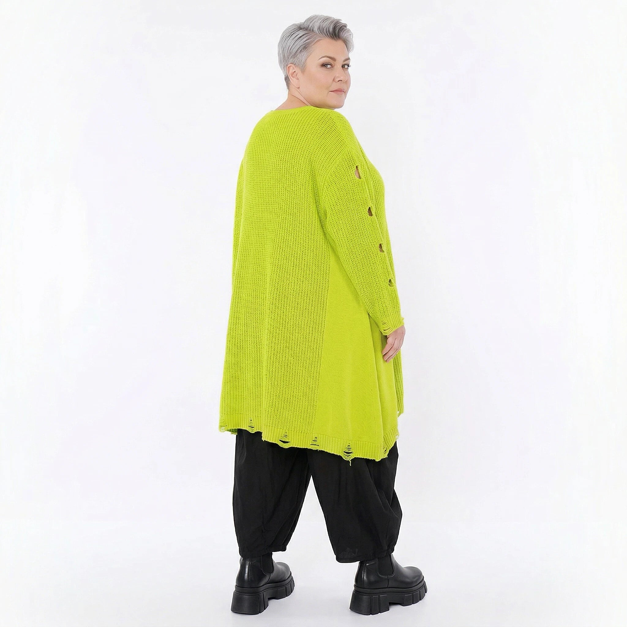 Oversize Strick Shirt A-Form mit Cut-Out Löchern Destroyed Look Neon-Gelb AKH Premium große Größen
