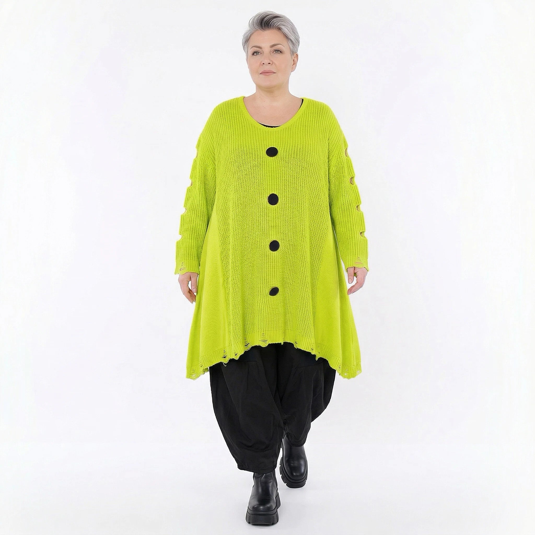 Oversize Strick Shirt A-Form mit Cut-Out Löchern Destroyed Look Neon-Gelb AKH Premium große Größen