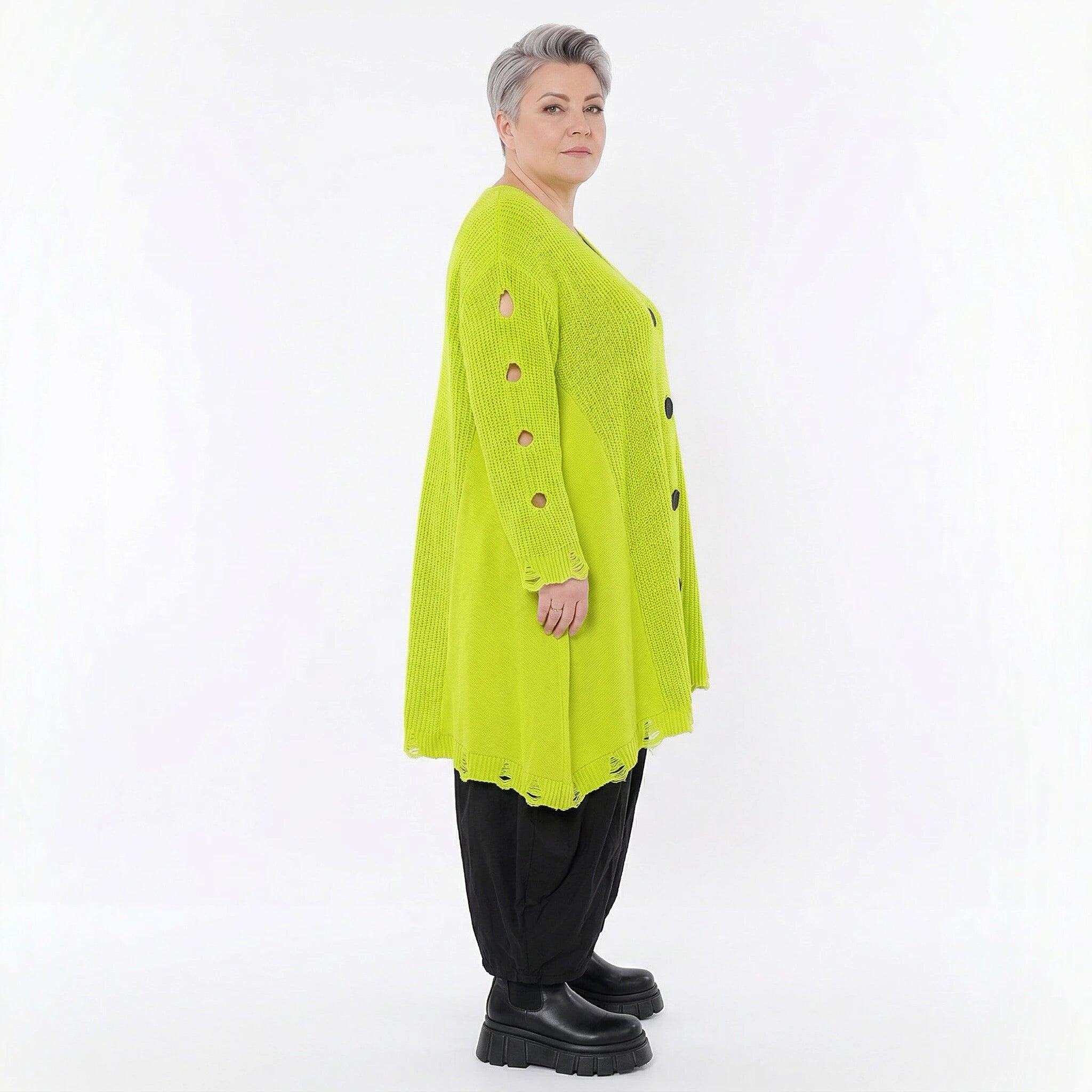 Oversize Strick Shirt A-Form mit Cut-Out Löchern Destroyed Look Neon-Gelb AKH Premium große Größen