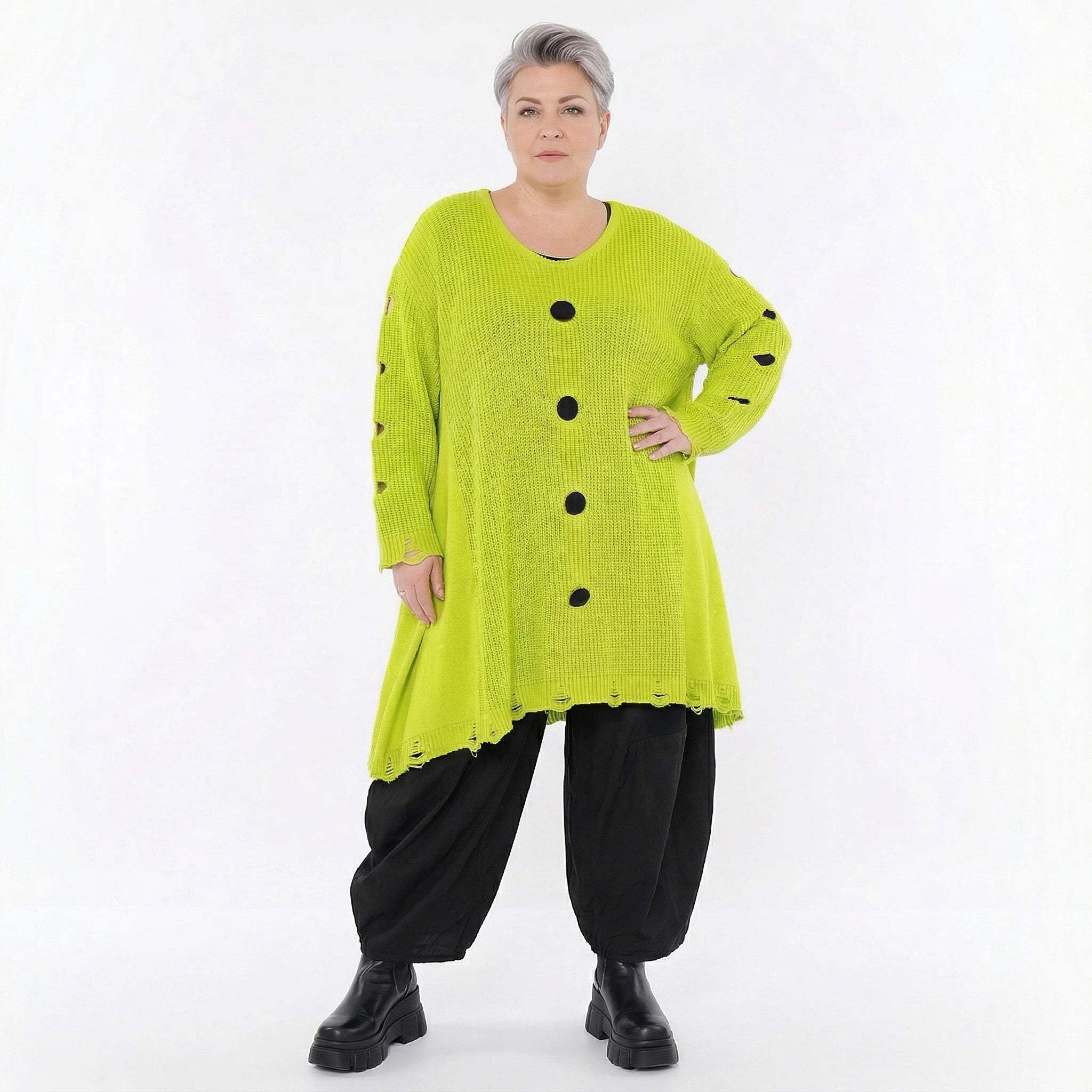 Oversize Strick Shirt A-Form mit Cut-Out Löchern Destroyed Look Neon-Gelb AKH Premium große Größen
