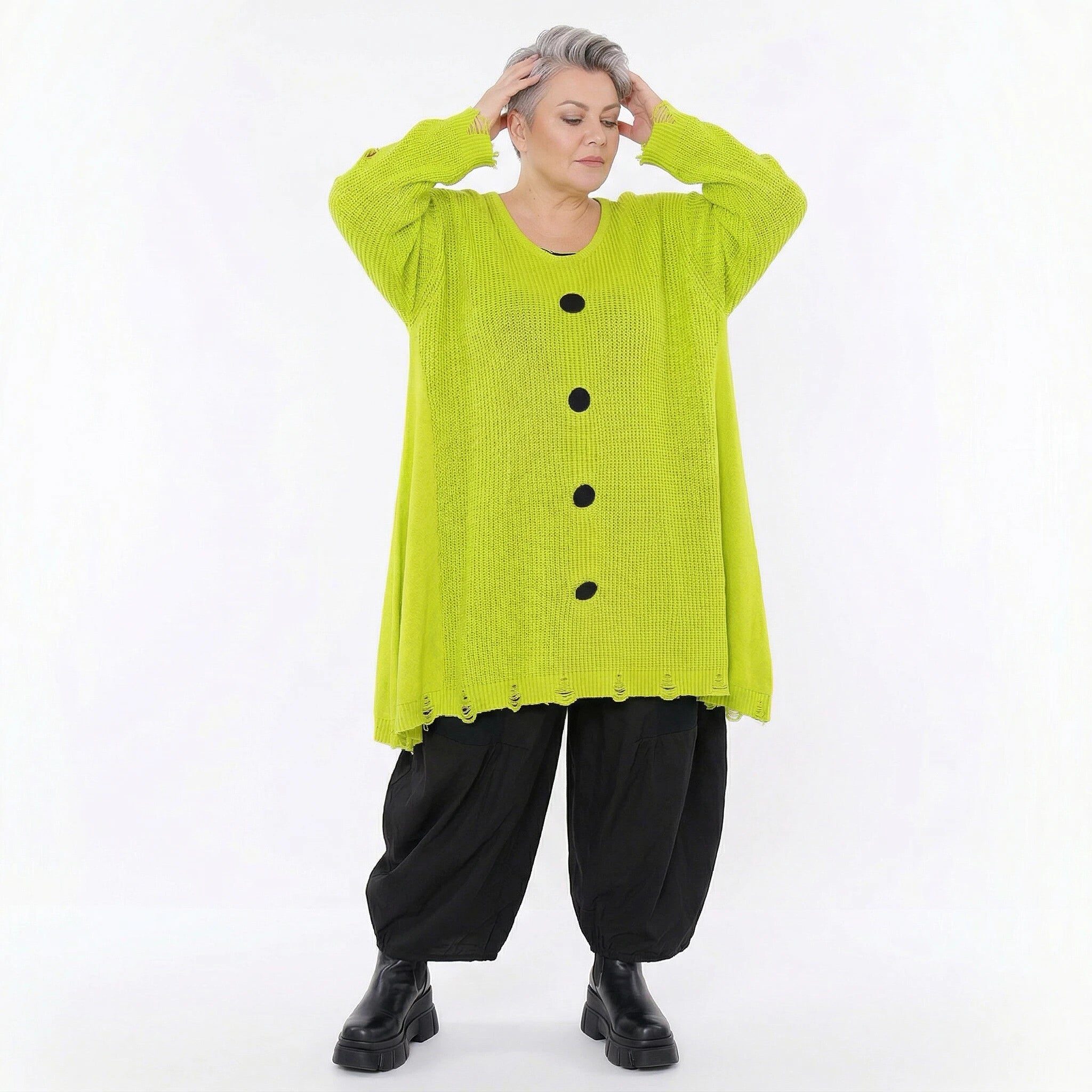 Oversize Strick Shirt A-Form mit Cut-Out Löchern Destroyed Look Neon-Gelb AKH Premium große Größen
