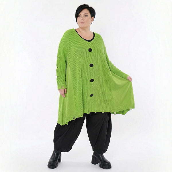 Oversize Strick Shirt A-Form mit Cut-Out Löchern Destroyed Look Neon-Grün AKH Premium große Größen
