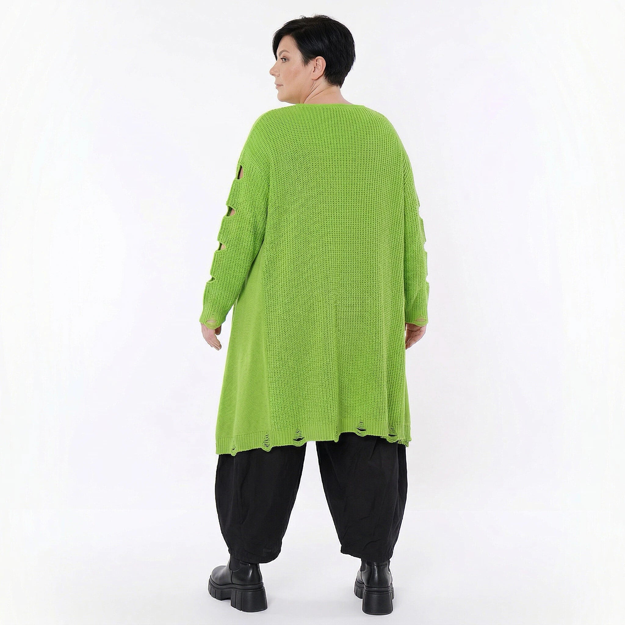 Oversize Strick Shirt A-Form mit Cut-Out Löchern Destroyed Look Neon-Grün AKH Premium große Größen