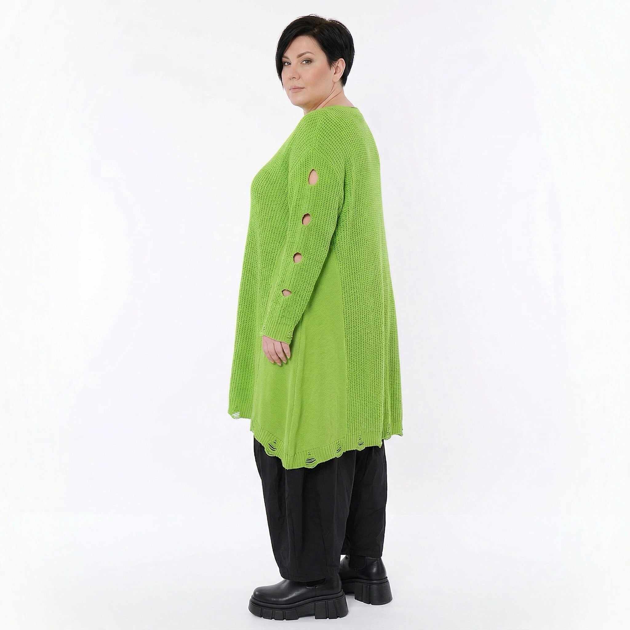 Oversize Strick Shirt A-Form mit Cut-Out Löchern Destroyed Look Neon-Grün AKH Premium große Größen