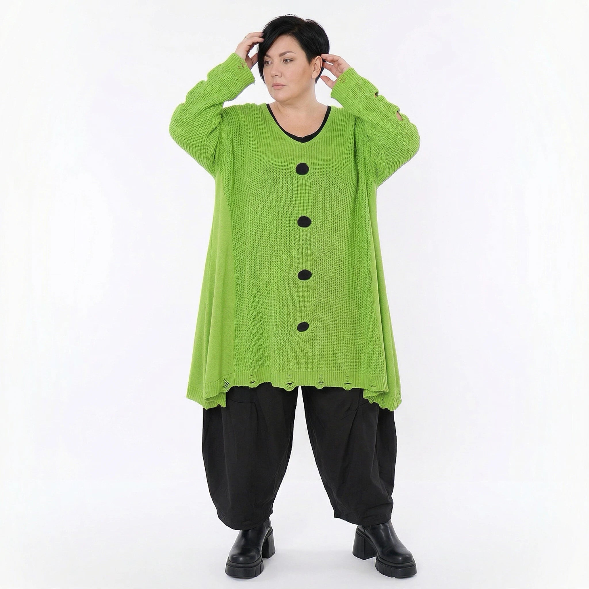 Oversize Strick Shirt A-Form mit Cut-Out Löchern Destroyed Look Neon-Grün AKH Premium große Größen
