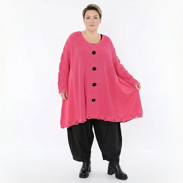 Oversize Strick Shirt A-Form mit Cut-Out Löchern Destroyed Look Rosa AKH Premium große Größen