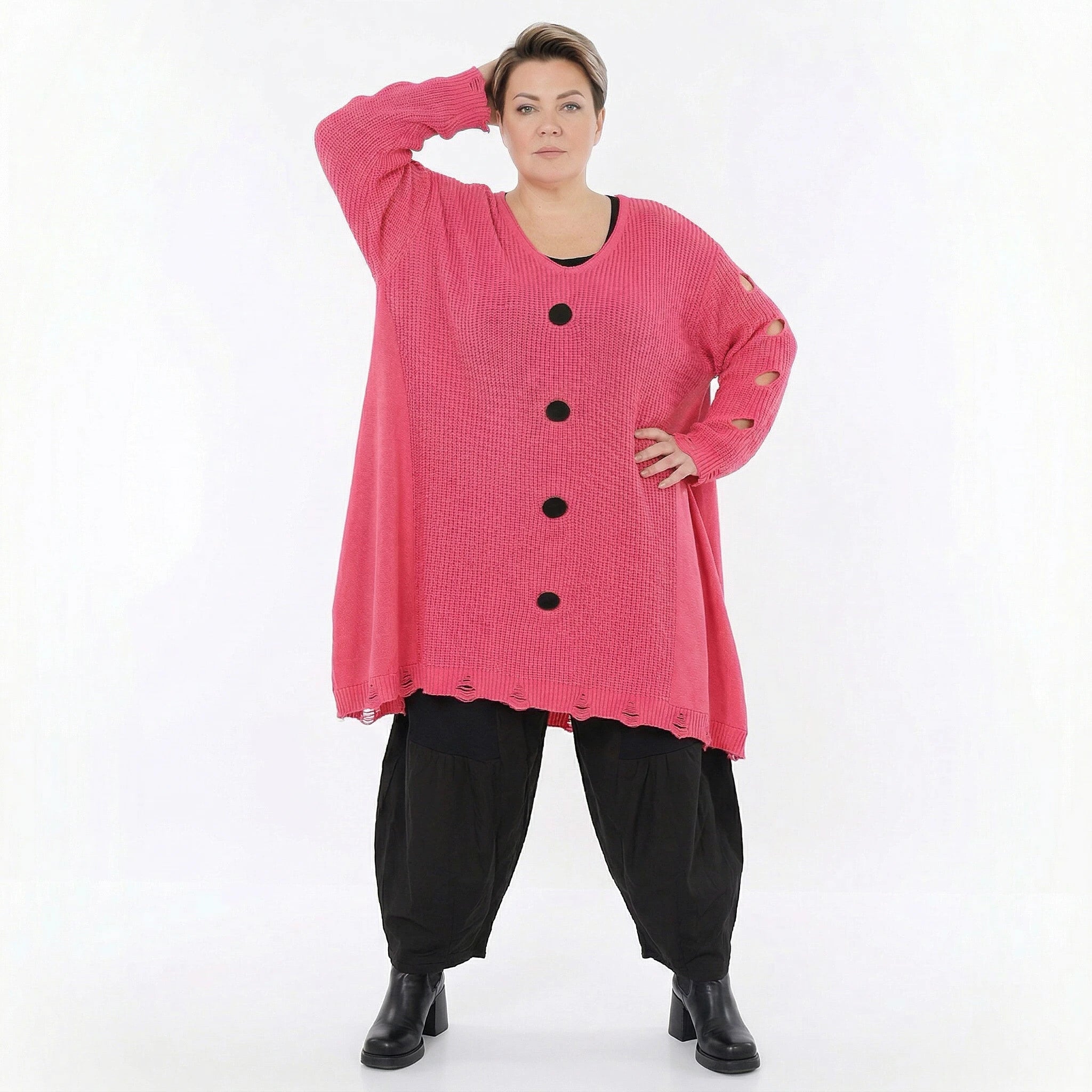 Oversize Strick Shirt A-Form mit Cut-Out Löchern Destroyed Look Rosa AKH Premium große Größen