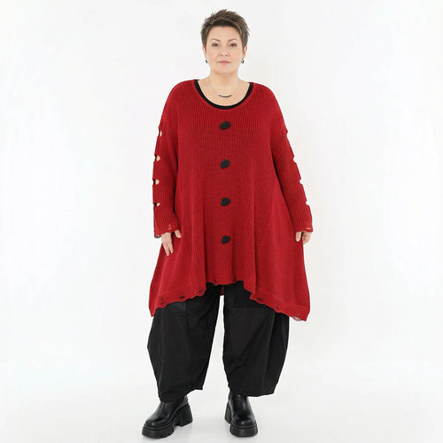 Oversize Strick Shirt A-Form mit Cut-Out Löchern Destroyed Look Rot AKH Premium große Größen
