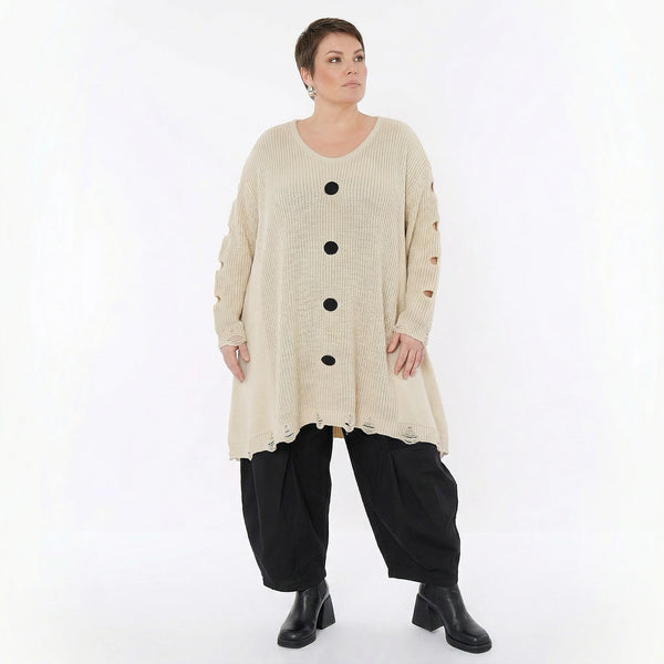 Oversize Strick Shirt A-Form mit Cut-Out Löchern Destroyed Look Naturweiß AKH Premium große Größen