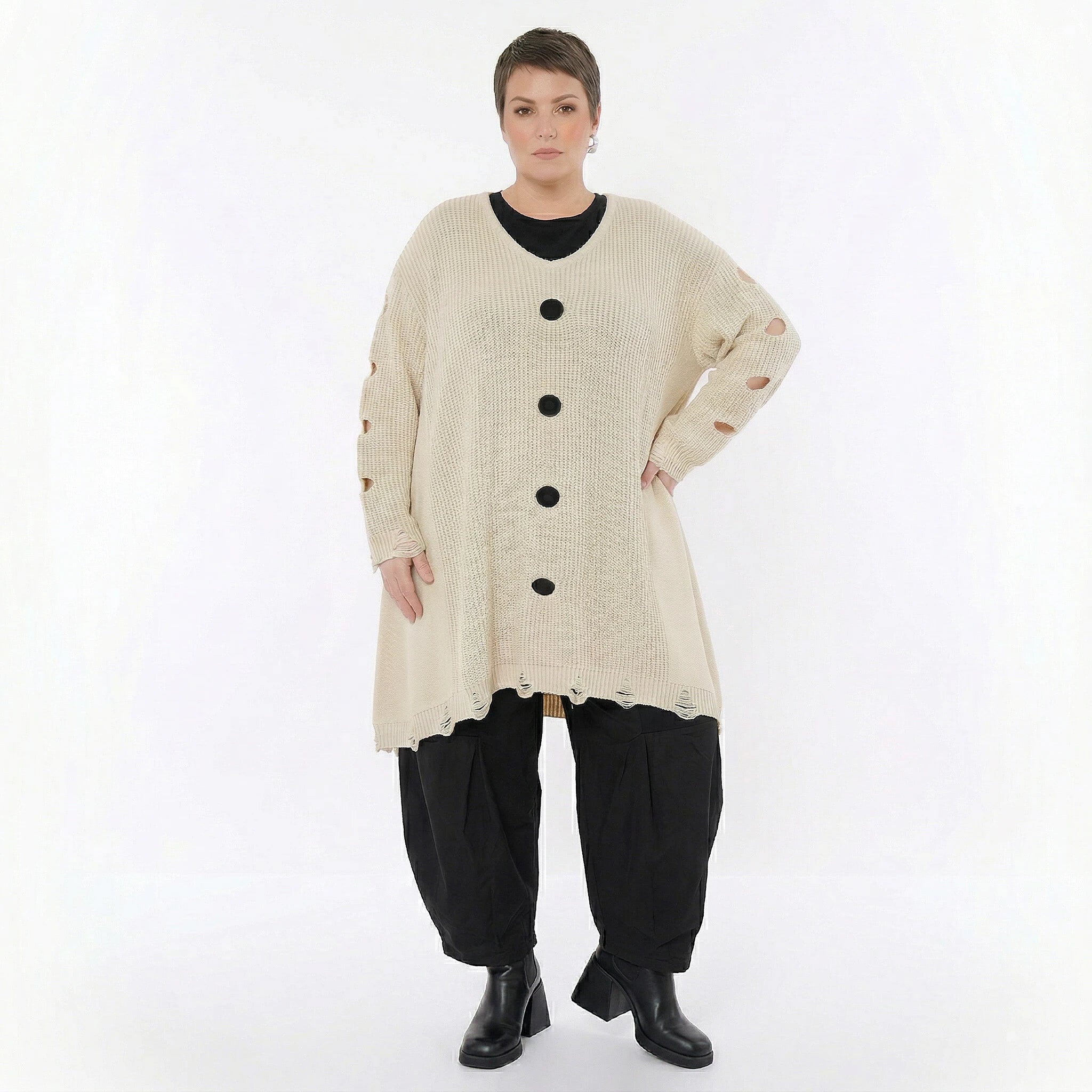 Oversize Strick Shirt A-Form mit Cut-Out Löchern Destroyed Look Naturweiß AKH Premium große Größen