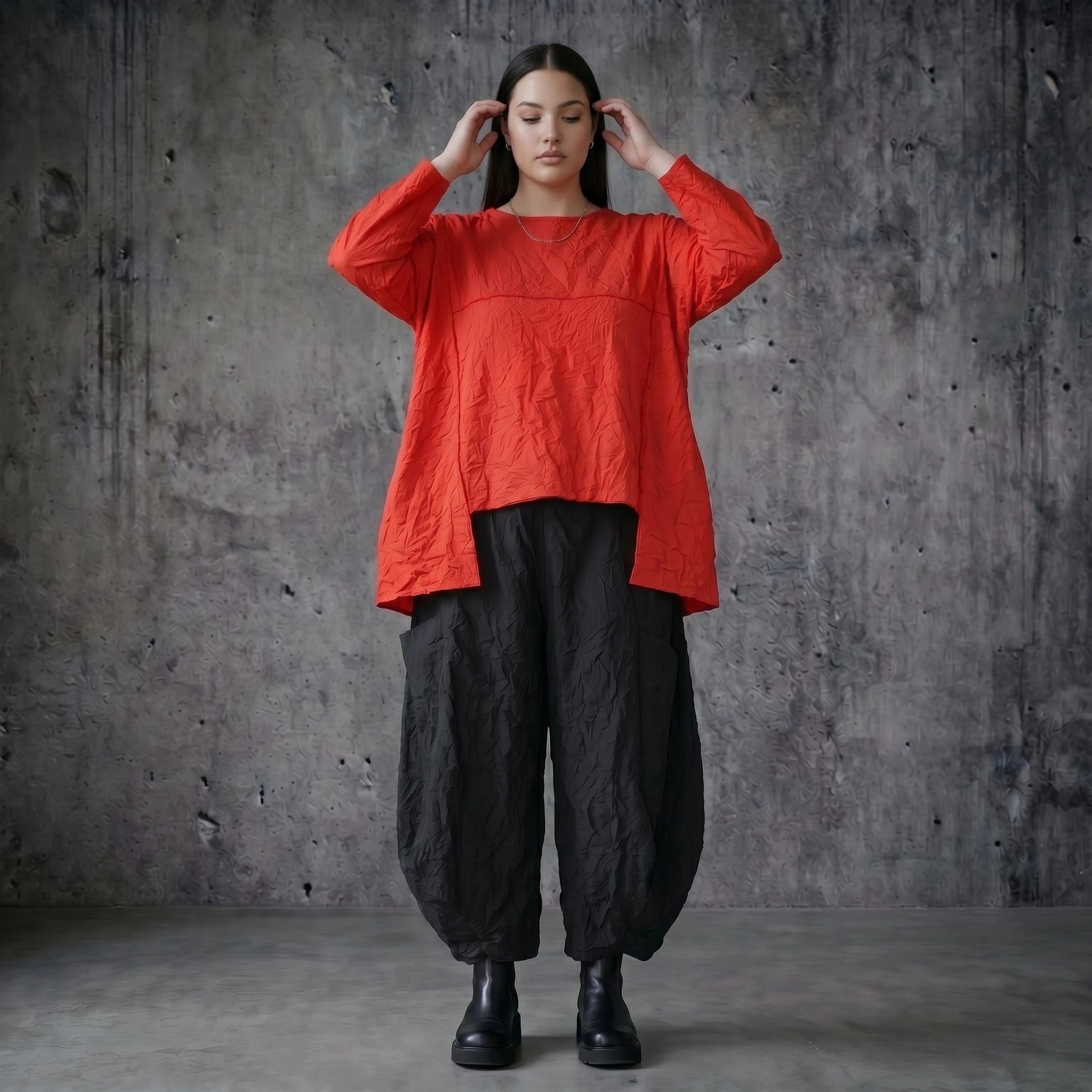 AKH Premium Crash Big Shirt Rot kastig Avantgarde Oversize Damenmode Sommer Popeline Modeare