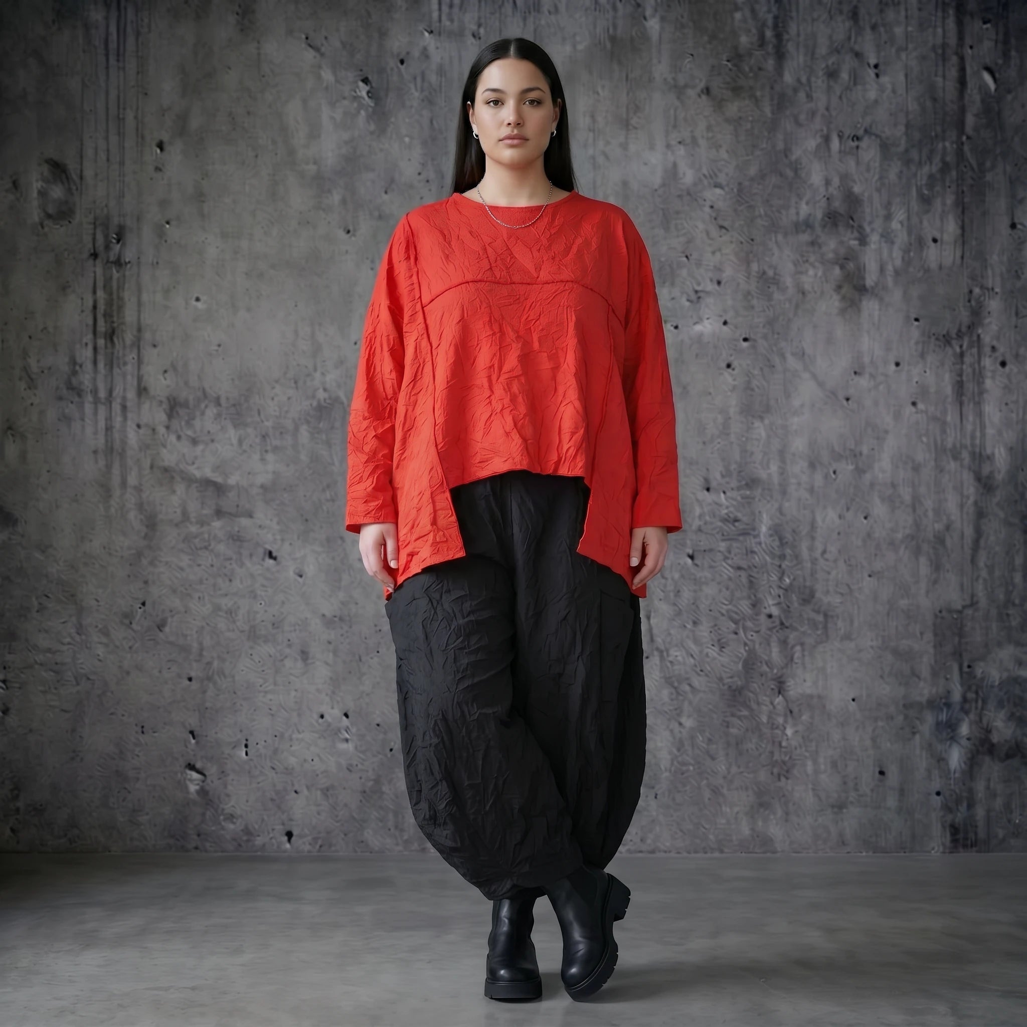AKH Premium Crash Big Shirt Rot kastig Avantgarde Oversize Damenmode Sommer Popeline Modeare