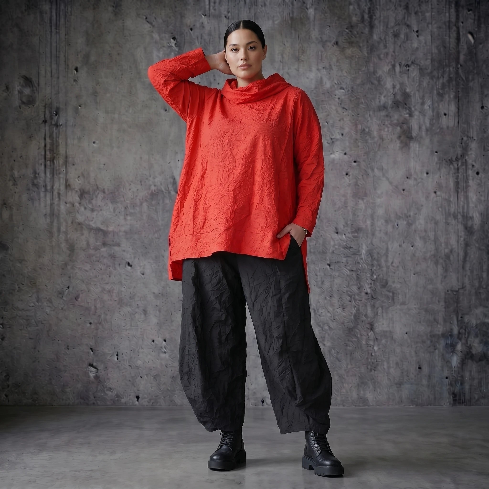 AKH Premium Oversize Big Shirt aus Popeline in Rot Crash Look Sommer Damenmode Modeare