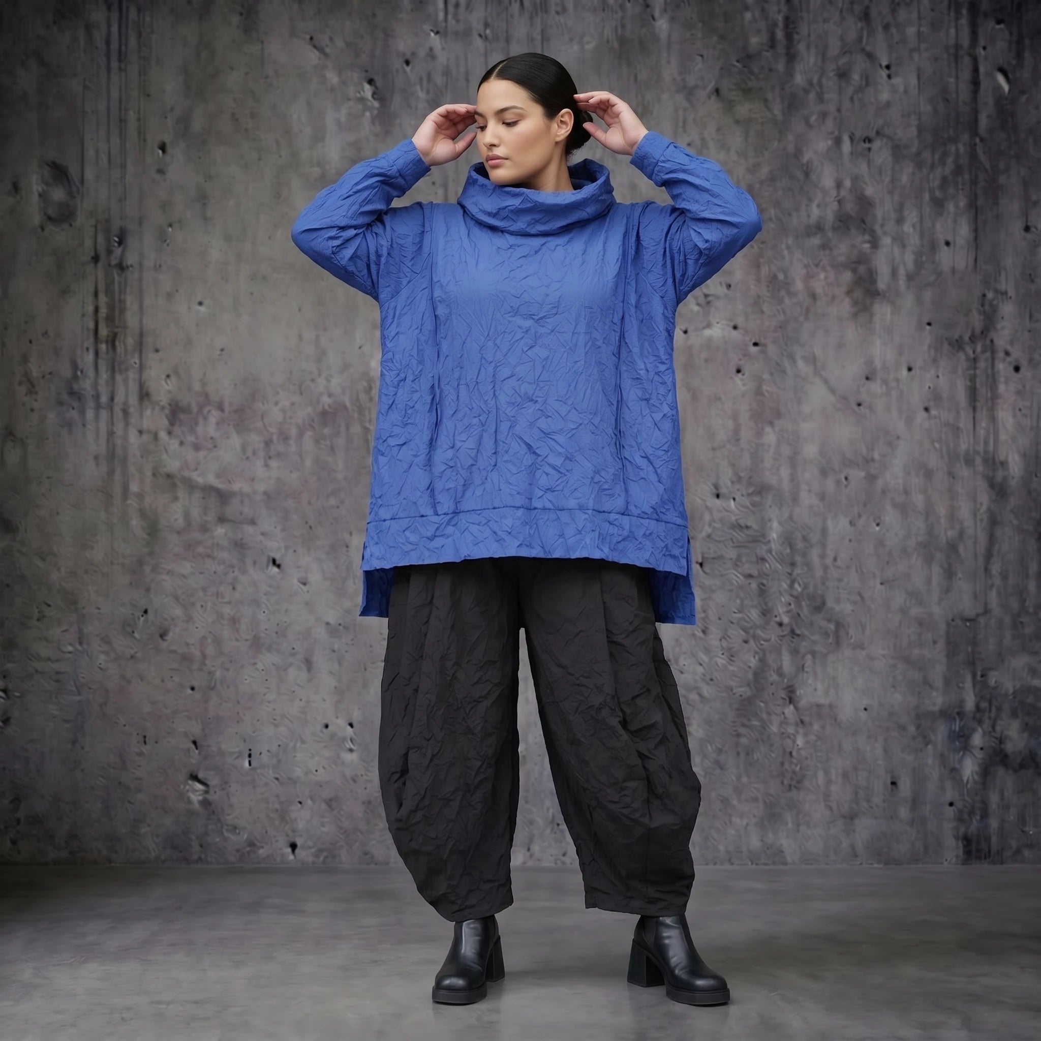 AKH Premium Oversize Shirt Royalblau Crash Popeline Sommer Damenmode - Modeare Avantgarde Lagenlook Big Shirt