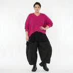 AKH Premium Strick Überwurf in Pink Oversize Lagenlook 50-60 Modeare Damenpullover mit V-Ausschnitt aus Baumwolle Mix