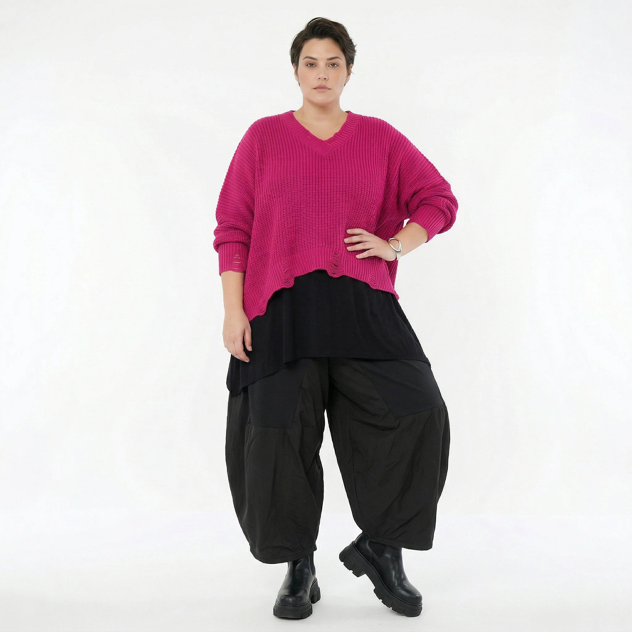 AKH Premium Strick Überwurf in Pink Oversize Lagenlook 50-60 Modeare Damenpullover mit V-Ausschnitt aus Baumwolle Mix