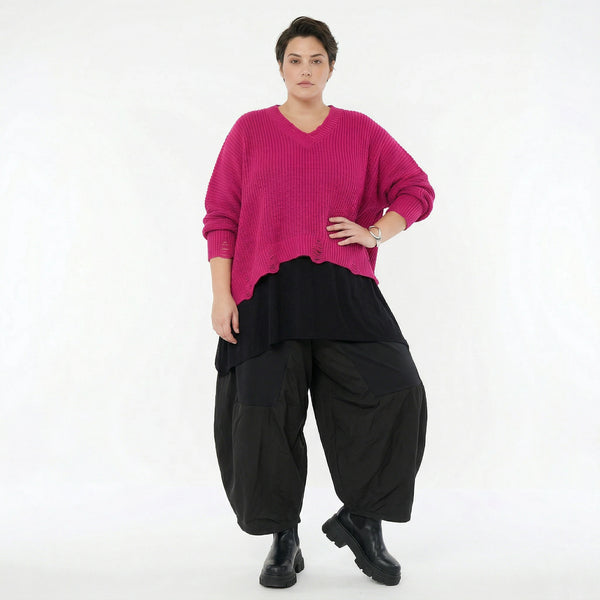 AKH Premium Strick Überwurf in Pink Oversize Lagenlook 50-60 Modeare Damenpullover mit V-Ausschnitt aus Baumwolle Mix