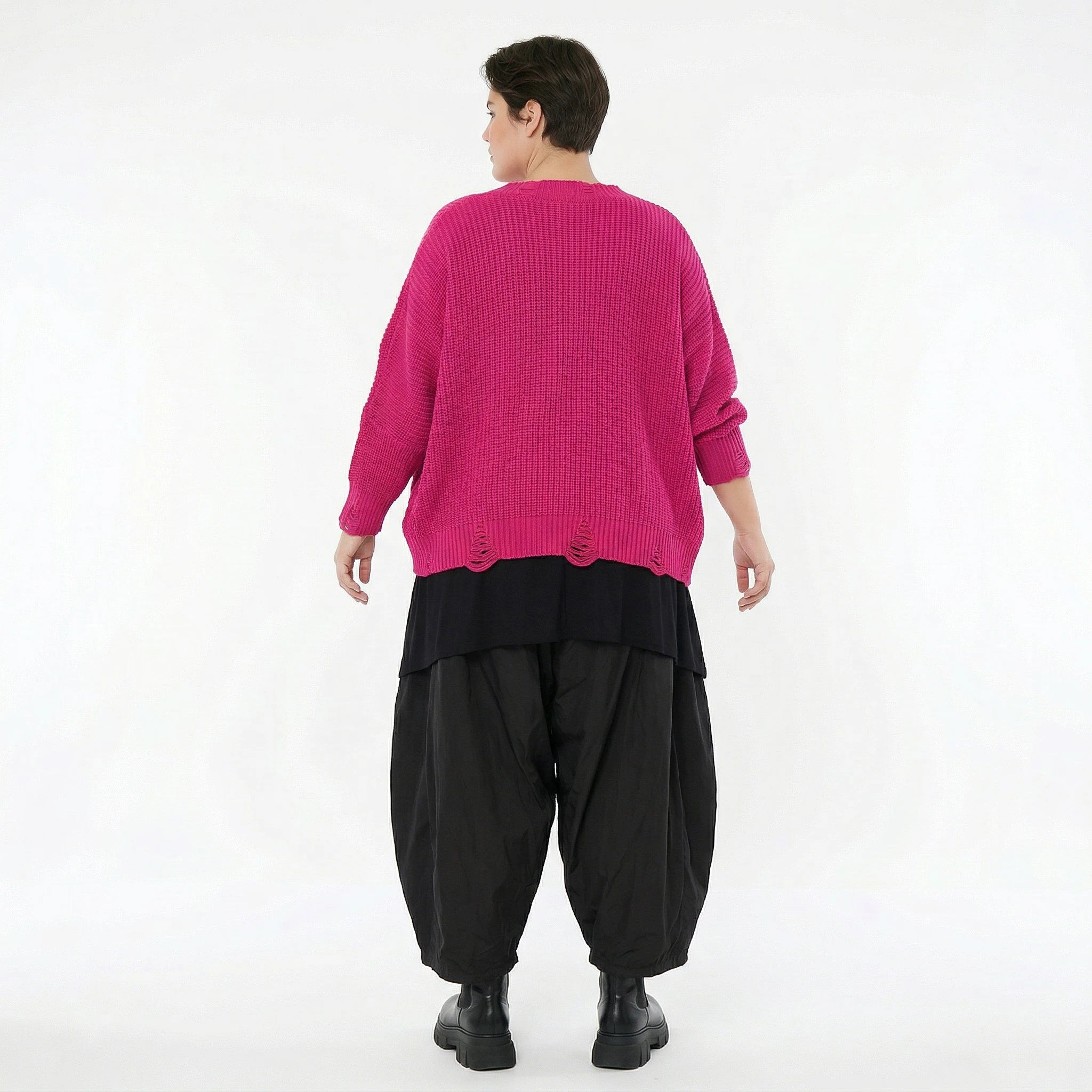 AKH Premium Strick Überwurf in Pink Oversize Lagenlook 50-60 Modeare Damenpullover mit V-Ausschnitt aus Baumwolle Mix
