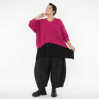 AKH Premium Strick Überwurf in Pink Oversize Lagenlook 50-60 Modeare Damenpullover mit V-Ausschnitt aus Baumwolle Mix