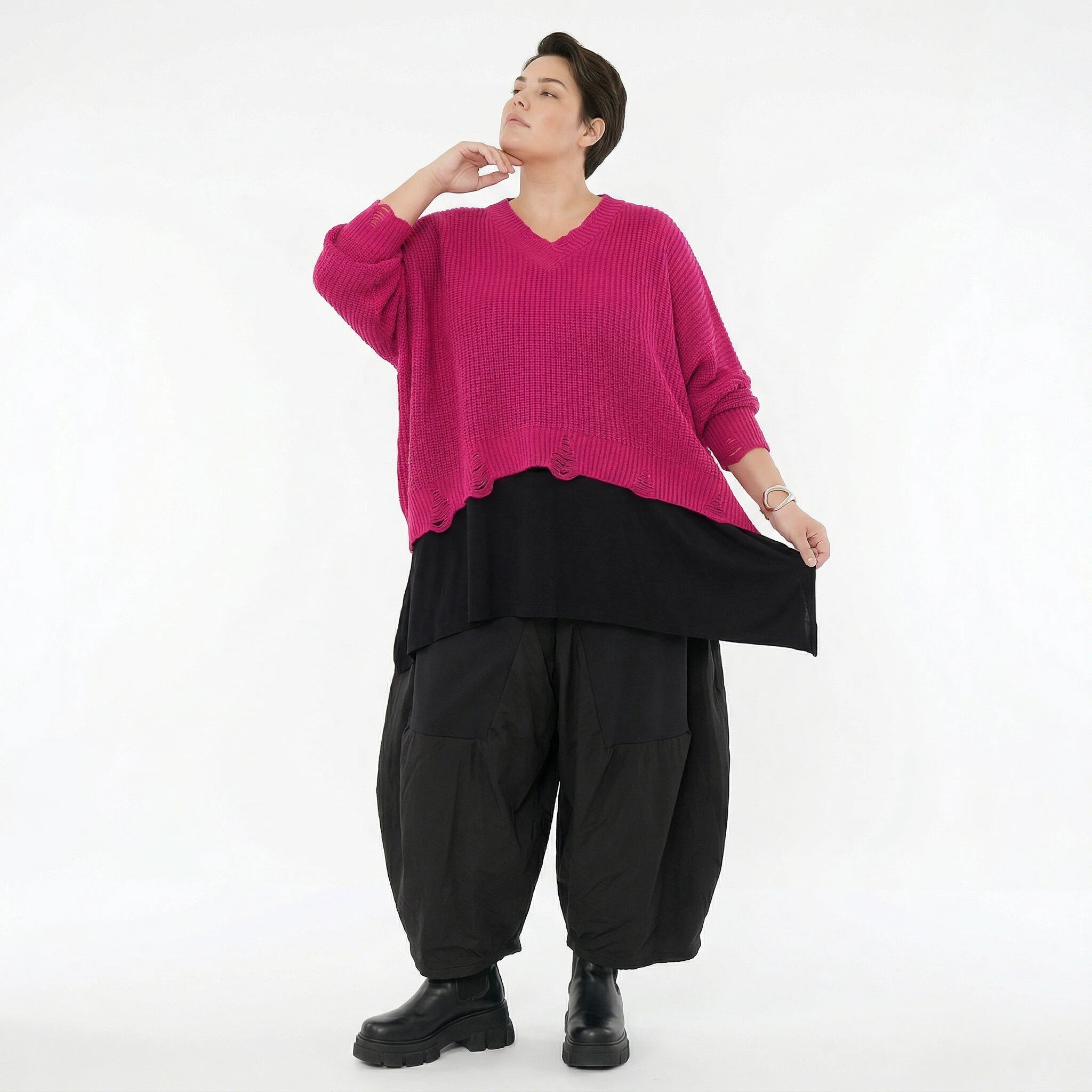 AKH Premium Strick Überwurf in Pink Oversize Lagenlook 50-60 Modeare Damenpullover mit V-Ausschnitt aus Baumwolle Mix