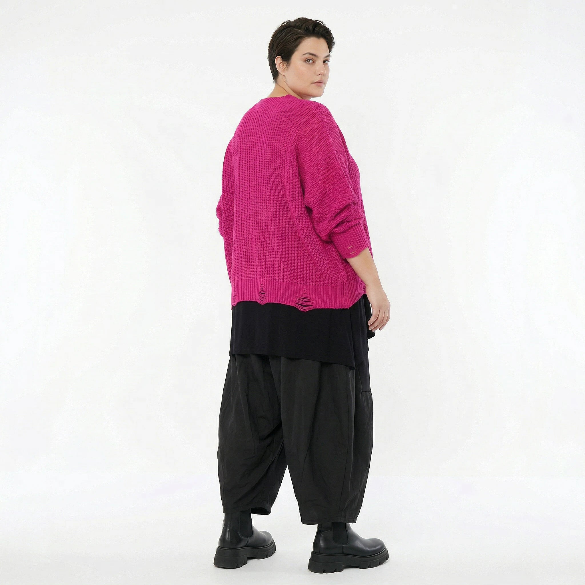 AKH Premium Strick Überwurf in Pink Oversize Lagenlook 50-60 Modeare Damenpullover mit V-Ausschnitt aus Baumwolle Mix