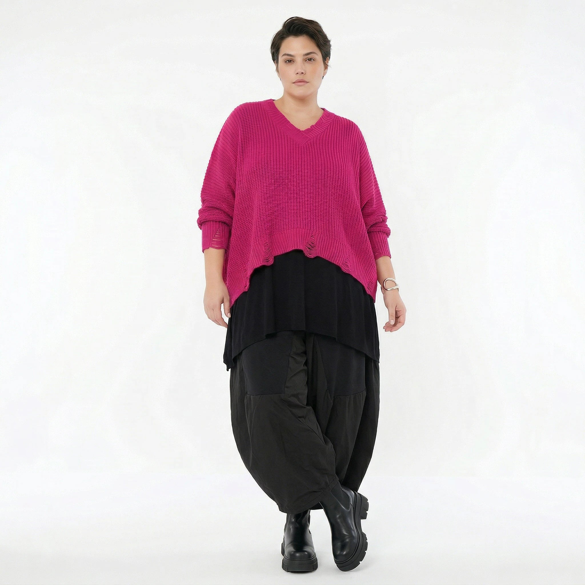AKH Premium Strick Überwurf in Pink Oversize Lagenlook 50-60 Modeare Damenpullover mit V-Ausschnitt aus Baumwolle Mix