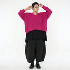 AKH Premium Strick Überwurf in Pink Oversize Lagenlook 50-60 Modeare Damenpullover mit V-Ausschnitt aus Baumwolle Mix