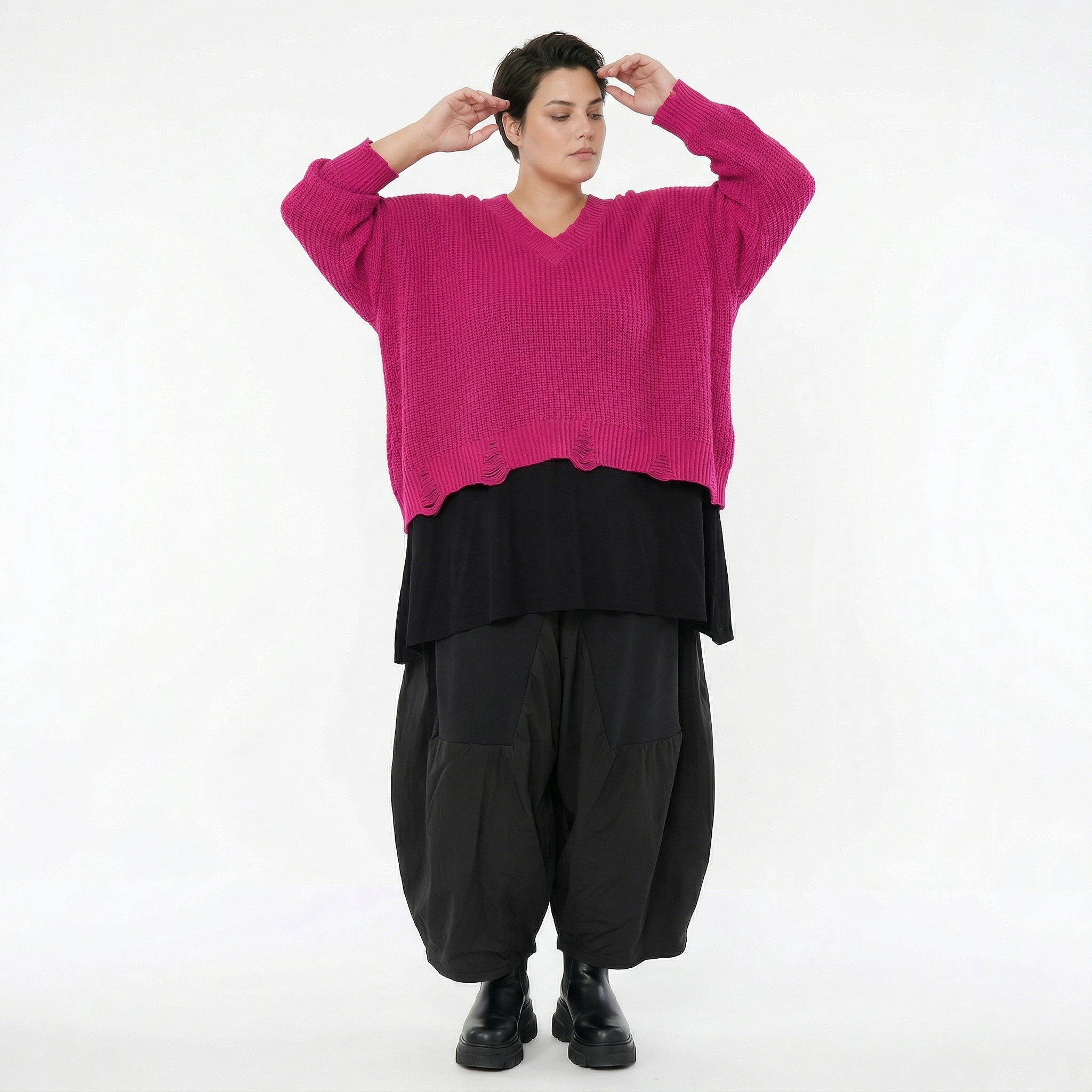 AKH Premium Strick Überwurf in Pink Oversize Lagenlook 50-60 Modeare Damenpullover mit V-Ausschnitt aus Baumwolle Mix