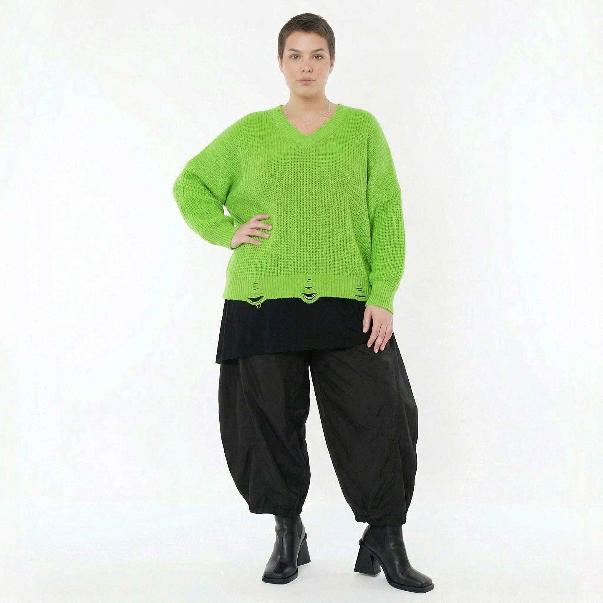 AKH Premium Strick Überwurf neongrün Oversize Damenpullover mit V-Ausschnitt Modeare Lagenlook Avantgarde Baumwolle Acryl