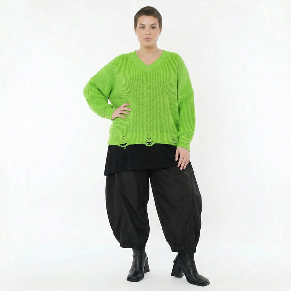 AKH Premium Strick Überwurf neongrün Oversize Damenpullover mit V-Ausschnitt Modeare Lagenlook Avantgarde Baumwolle Acryl