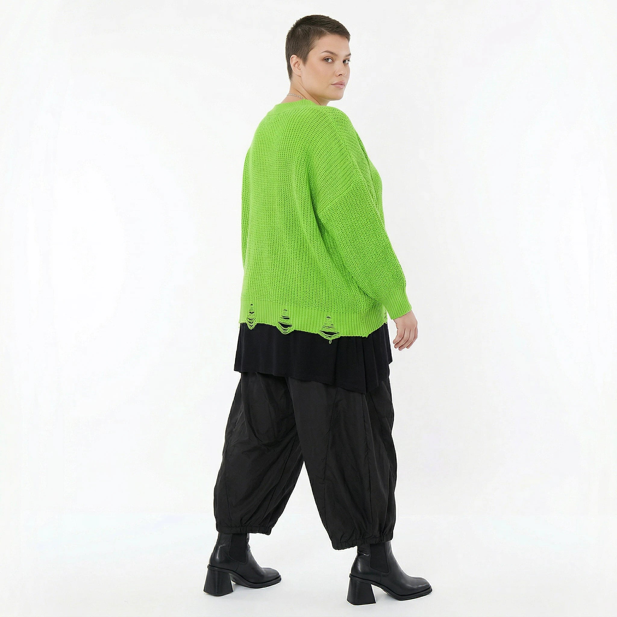 AKH Premium Strick Überwurf neongrün Oversize Damenpullover mit V-Ausschnitt Modeare Lagenlook Avantgarde Baumwolle Acryl