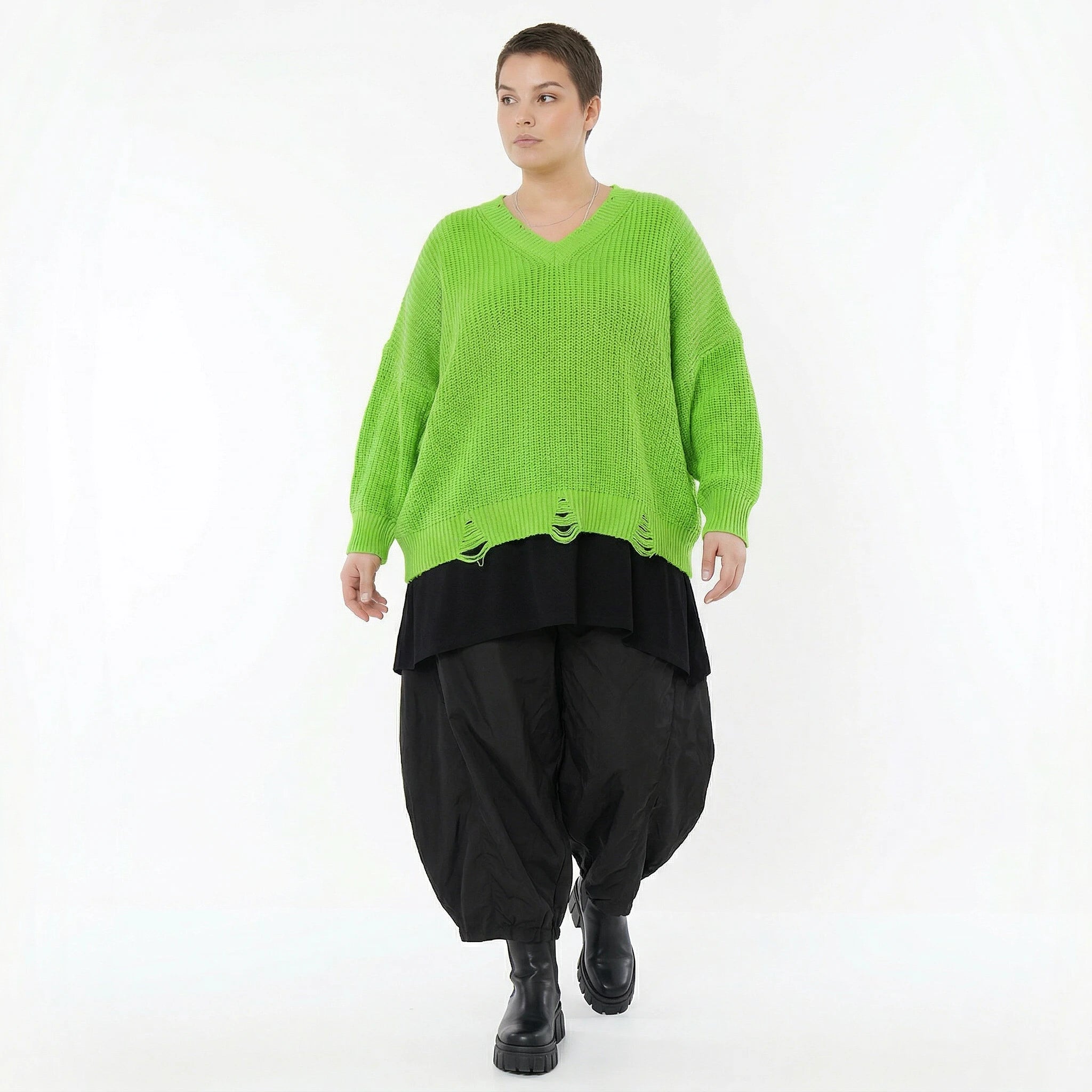 AKH Premium Strick Überwurf neongrün Oversize Damenpullover mit V-Ausschnitt Modeare Lagenlook Avantgarde Baumwolle Acryl
