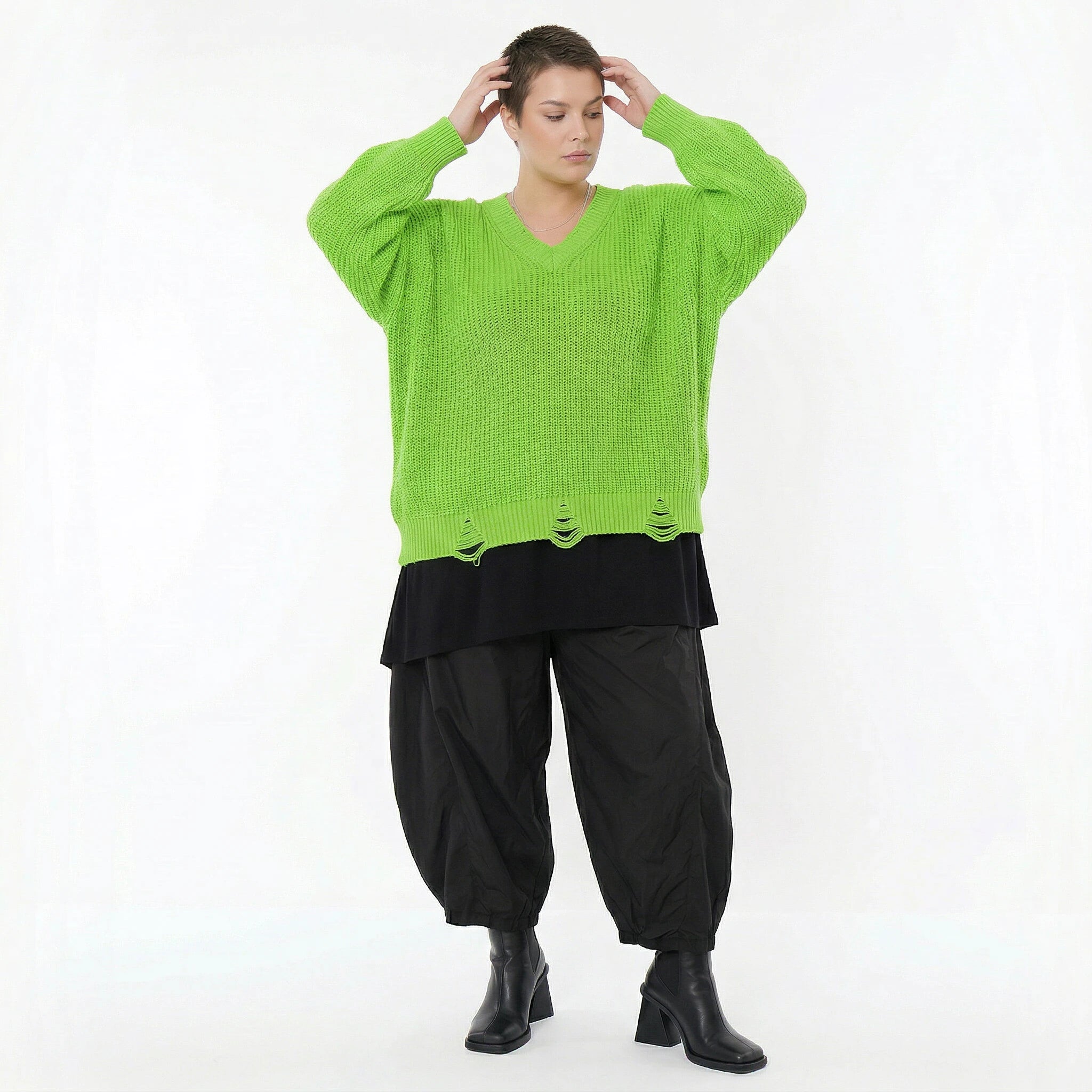 AKH Premium Strick Überwurf neongrün Oversize Damenpullover mit V-Ausschnitt Modeare Lagenlook Avantgarde Baumwolle Acryl