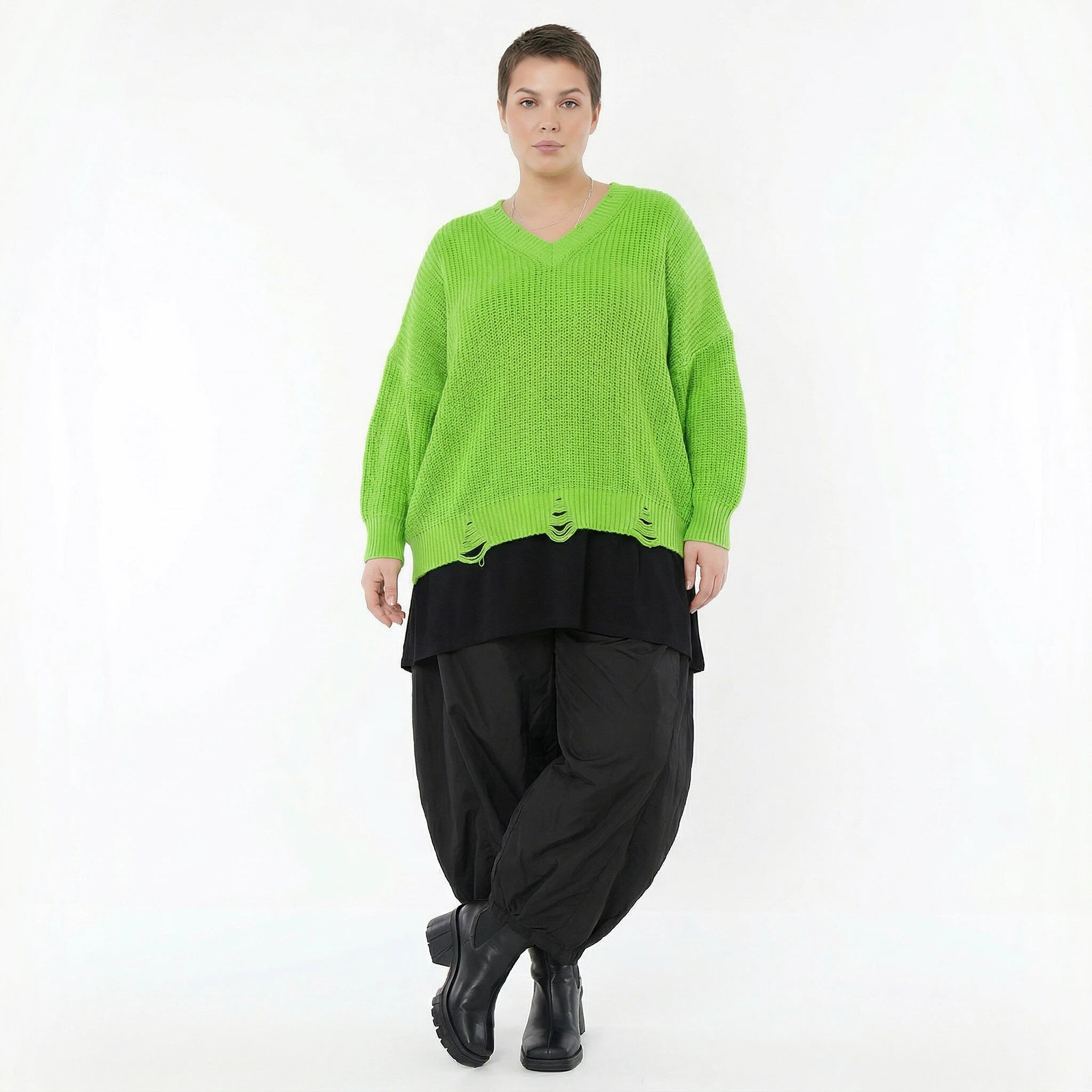 AKH Premium Strick Überwurf neongrün Oversize Damenpullover mit V-Ausschnitt Modeare Lagenlook Avantgarde Baumwolle Acryl